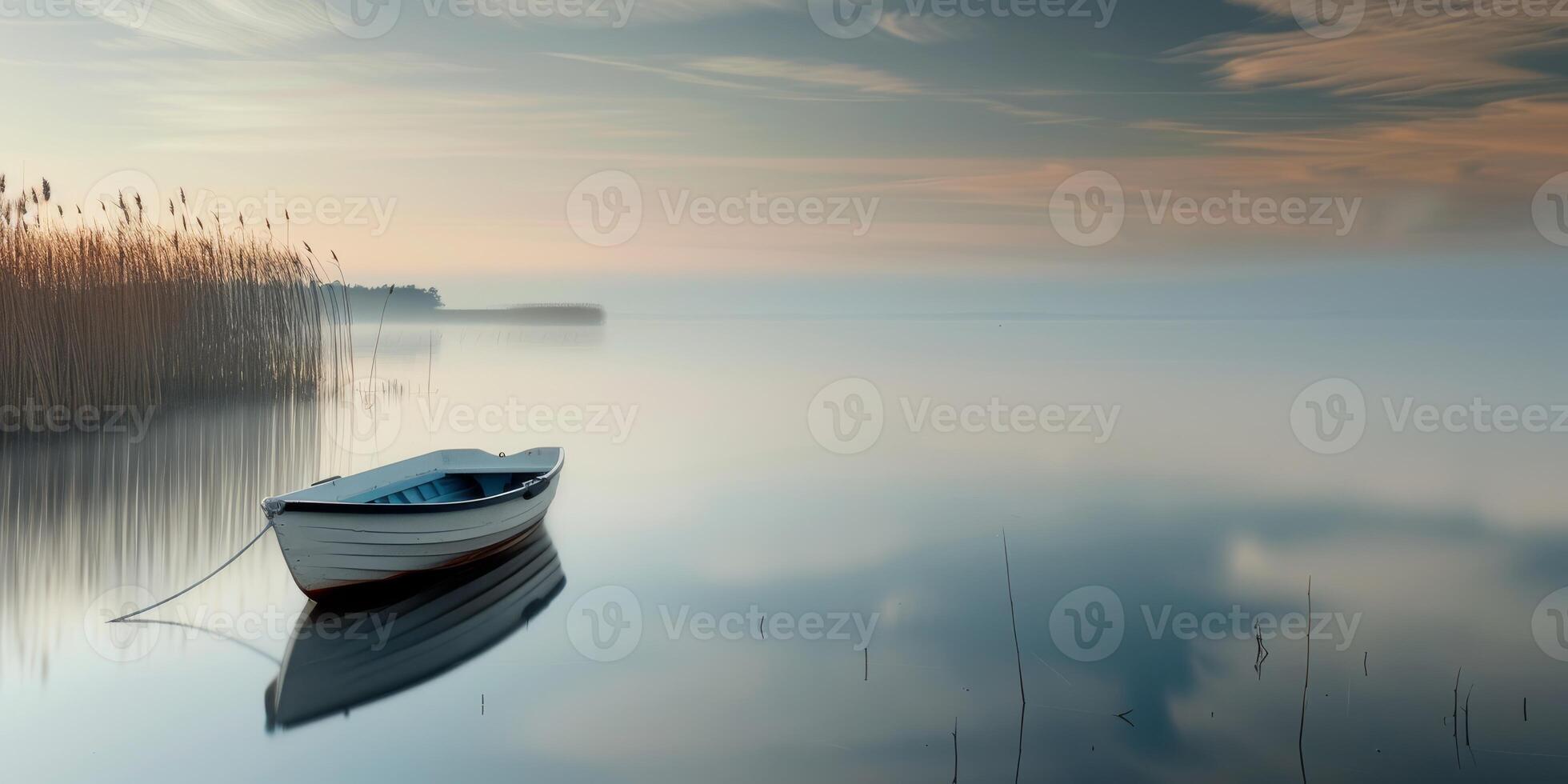 Tranquil lake at sunrise, serene setting for a boat, peaceful reflections of the sky on waters surface photo