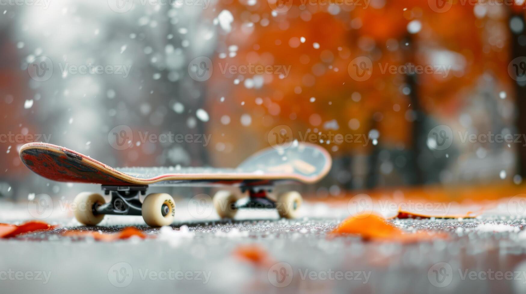A skateboard on an asphalt covered with autumn leaves and snowflakes falling in the serene background. photo