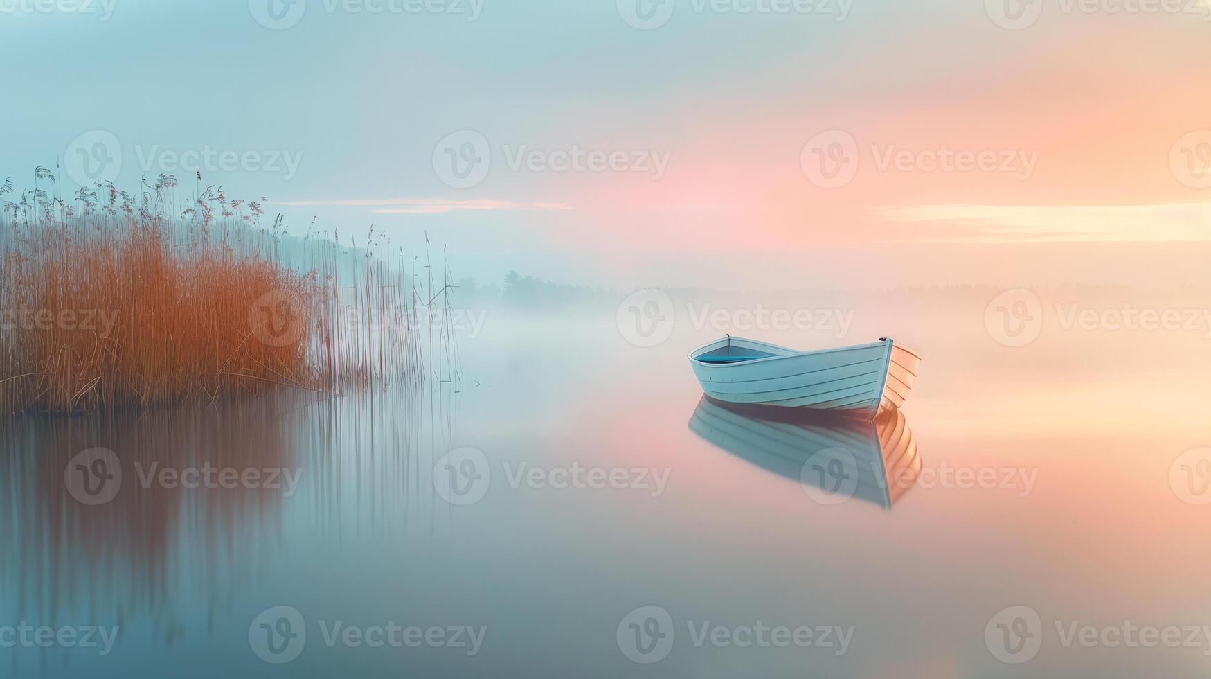 A small boat floating on a calm lake, surrounded by mist and warm sunrise hues in a peaceful landscape. photo