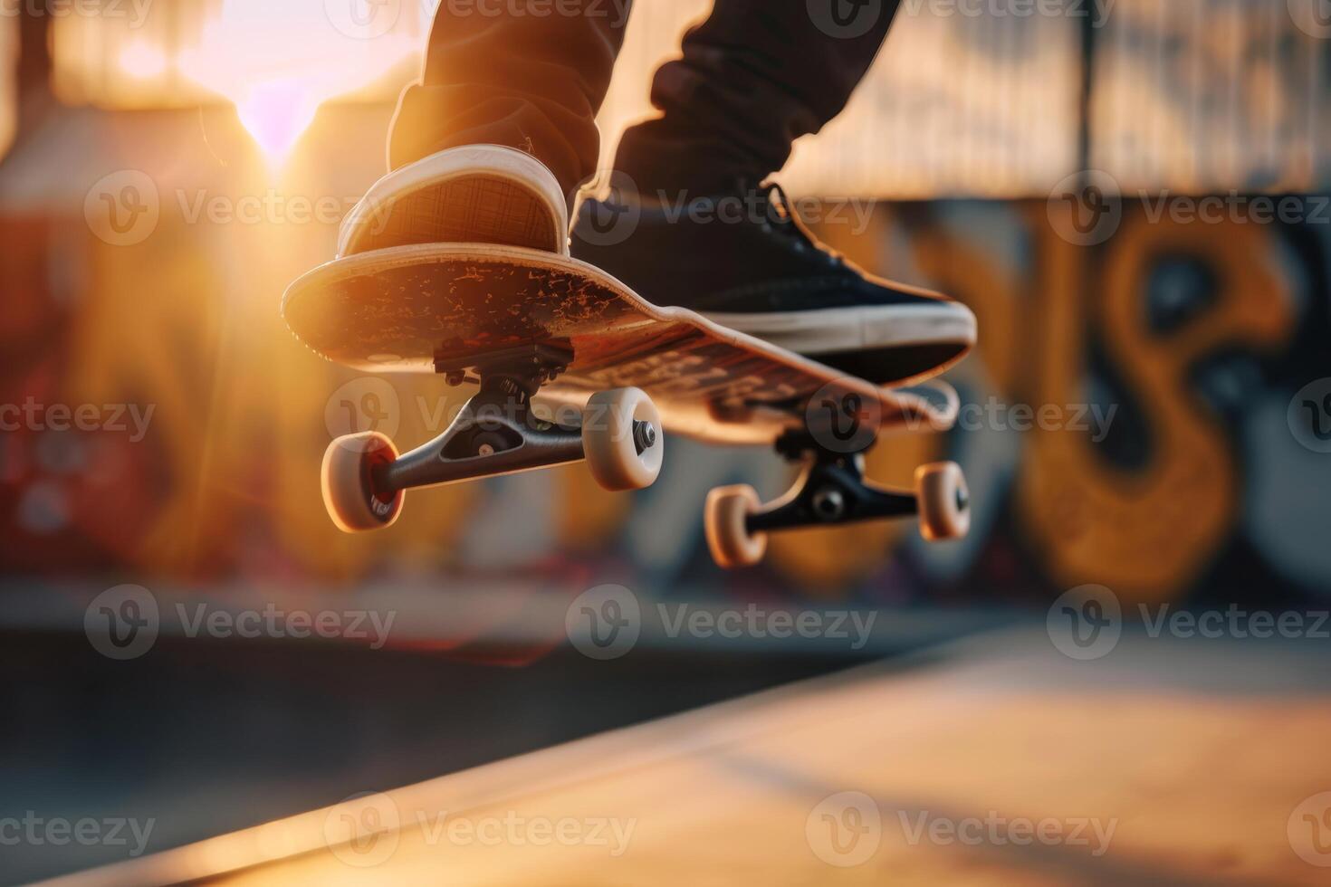 A skateboarder performs a trick in mid-air at sunset in an urban skatepark with graffiti-covered walls. photo