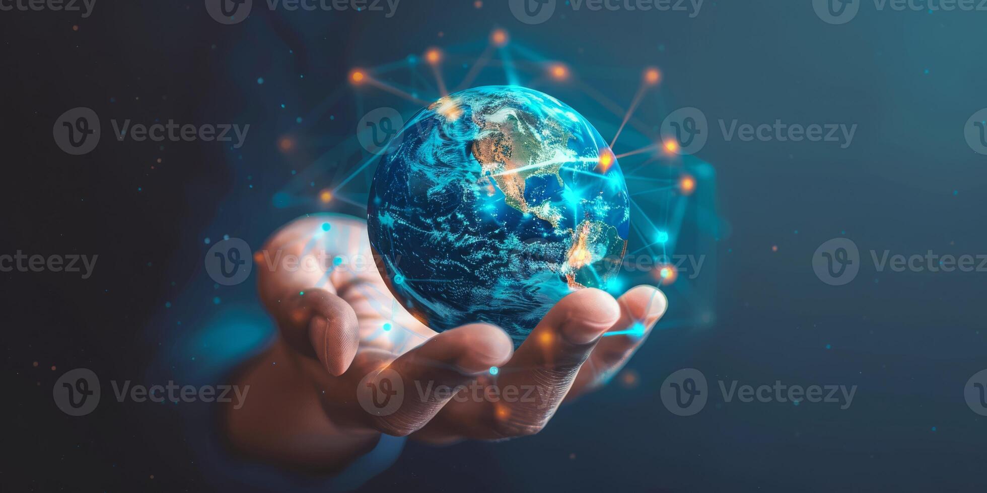 Hand holding digital globe with interconnected nodes representing global connectivity and technology. photo