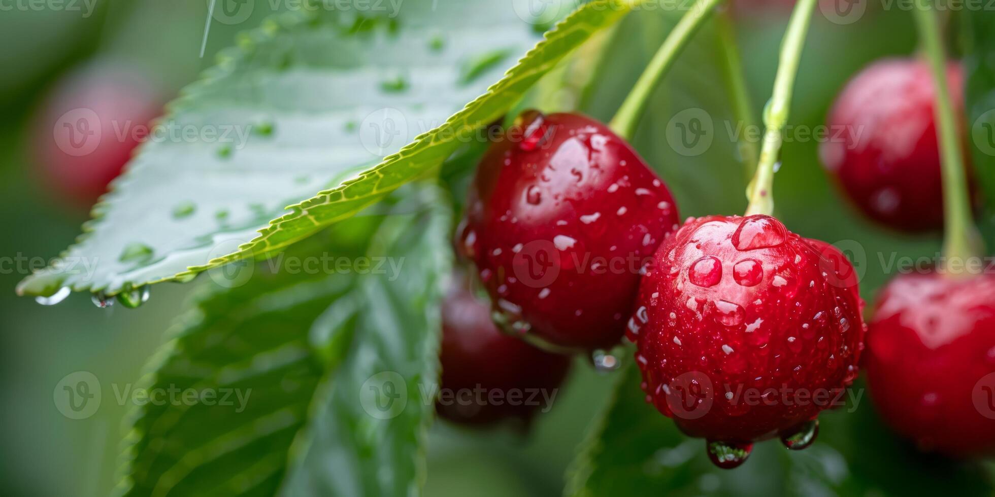 Fresh red cherries with raindrops on leaves in a closeup orchard setting create a vibrant natural scene photo