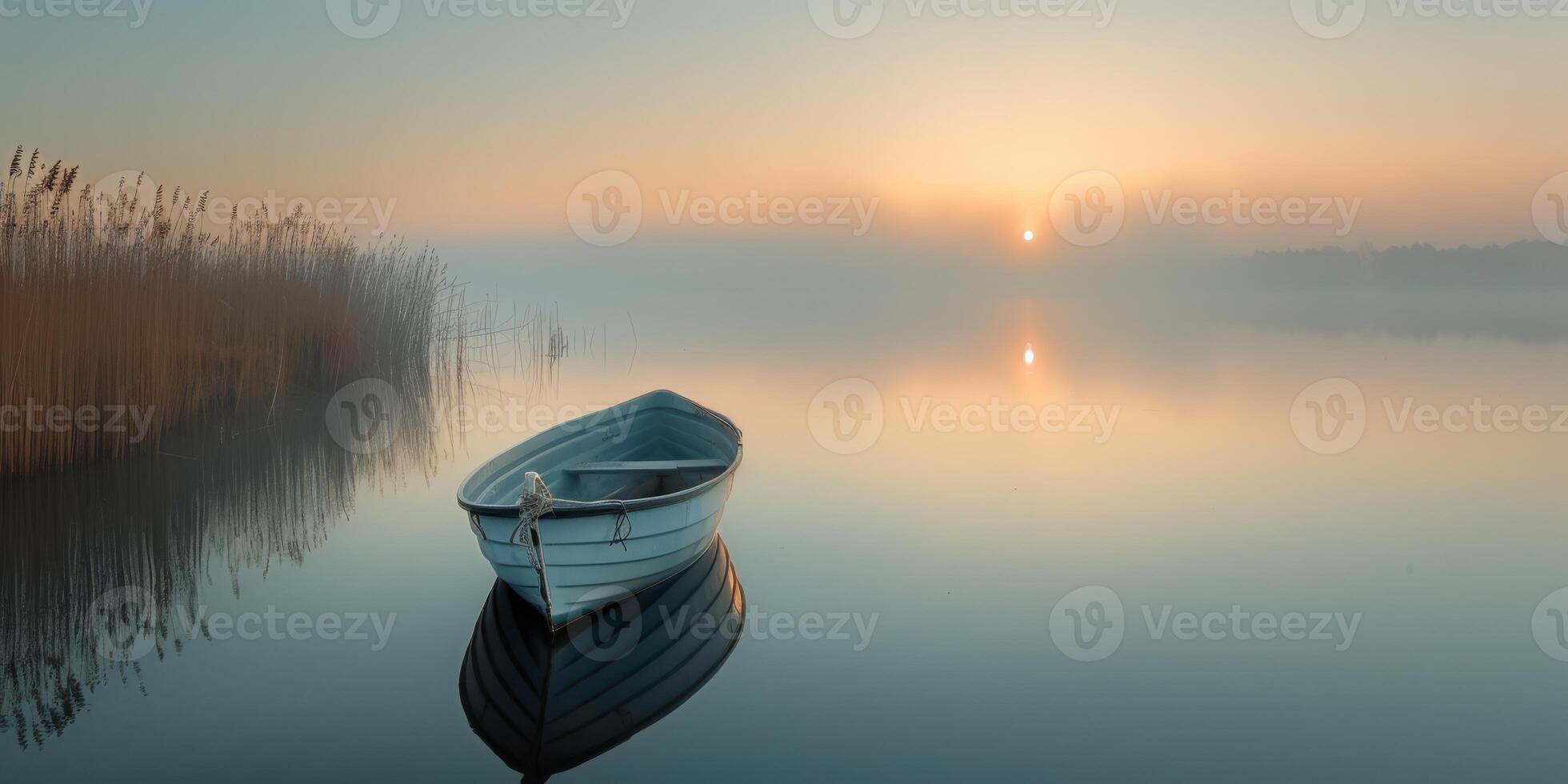 A serene boat floats on a peaceful lake at sunrise, surrounded by mist and reeds as the sun gently rises. photo