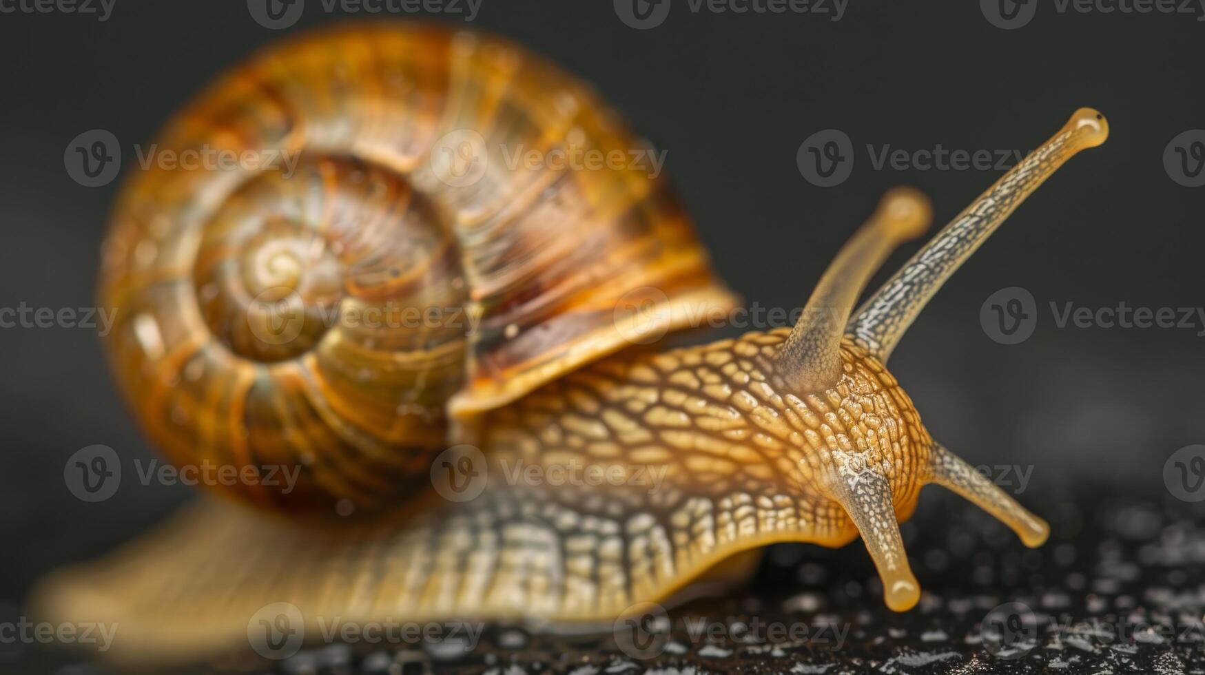 Detailed macro image of a snail with a beautifully textured shell and body, set against a dark background. photo