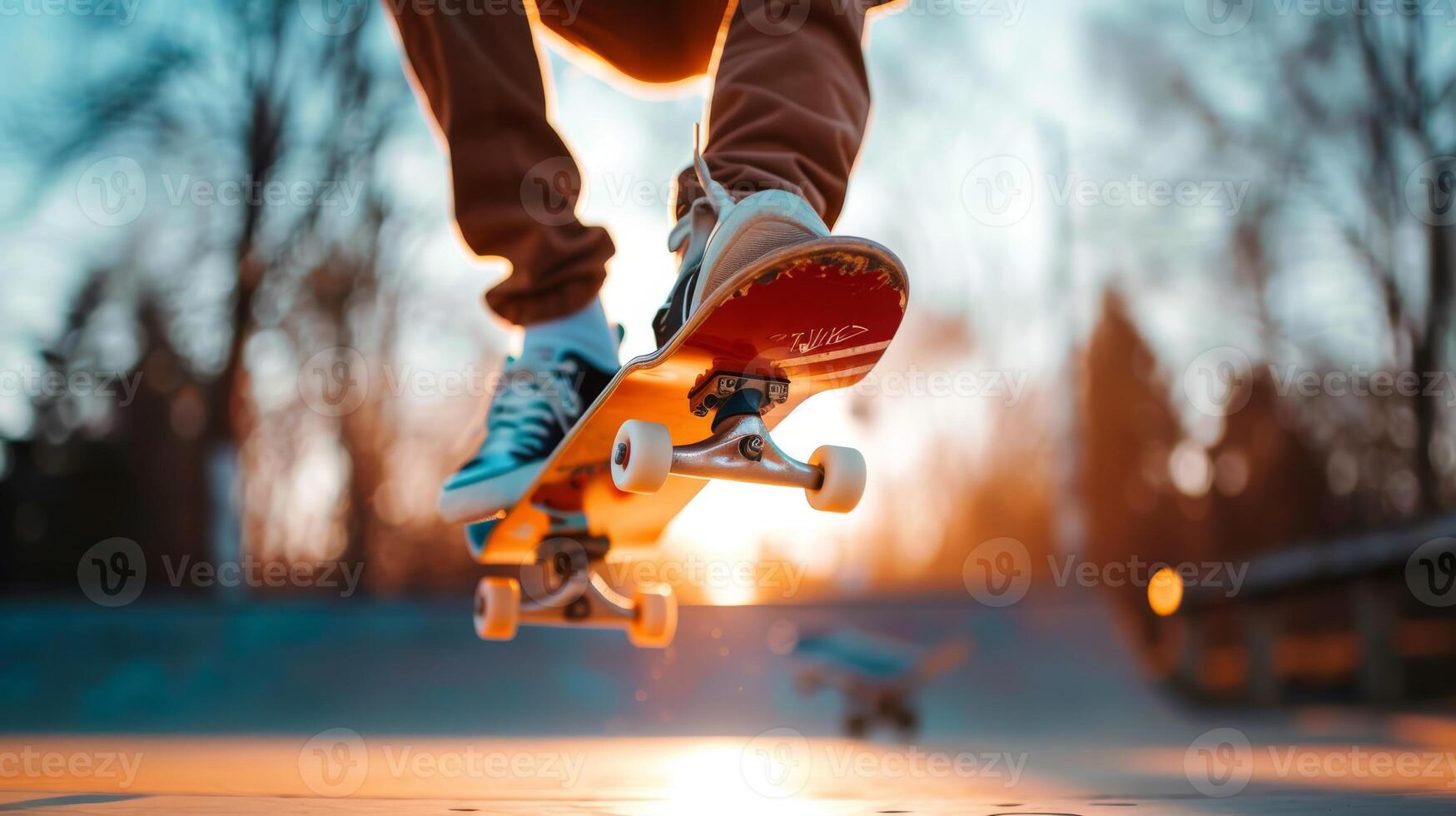 Skateboarder does a trick at skatepark under stunning sunset, displaying action and adventure in lively setting photo