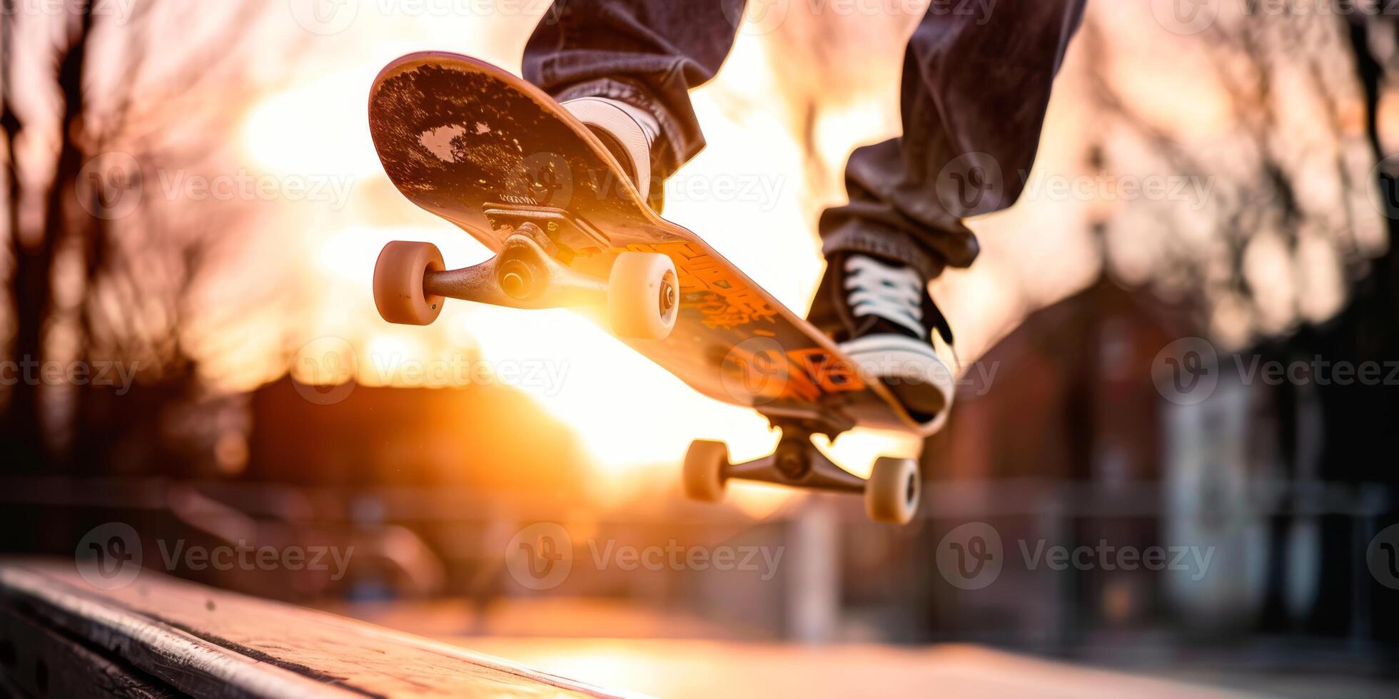 A skater performs an ollie at sunset in a skate park, embodying freedom and enthusiasm with urban vibes and energy photo