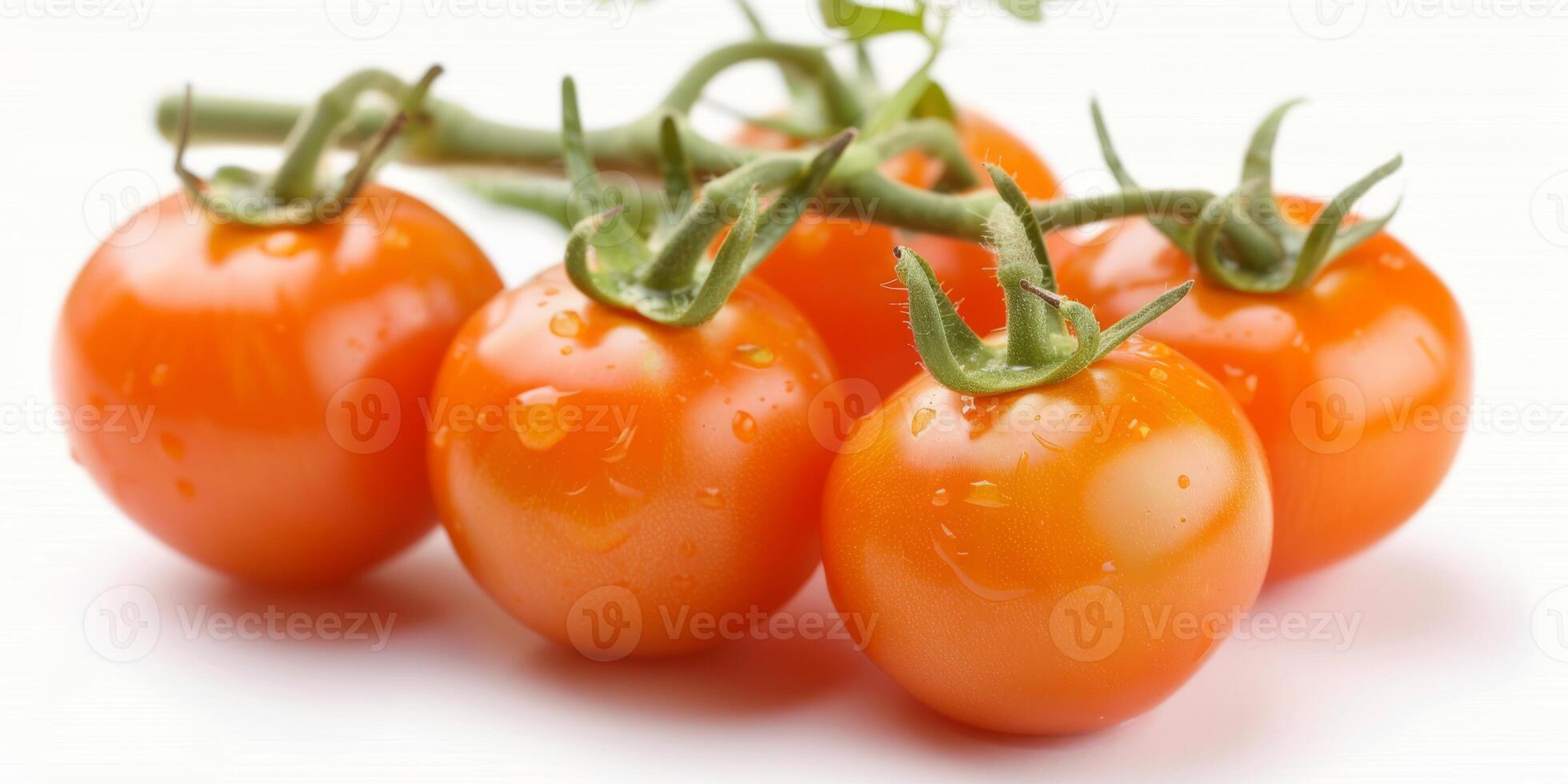 High-quality close-up image of fresh orange cherry tomatoes on the vine. Perfect for food and gardening. photo