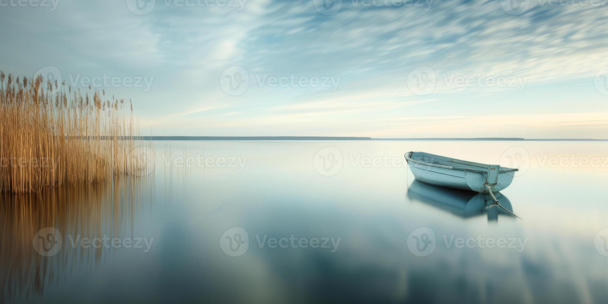 A serene image of a single rowboat on a peaceful lake surrounded by reeds and a vibrant sky during sunrise photo