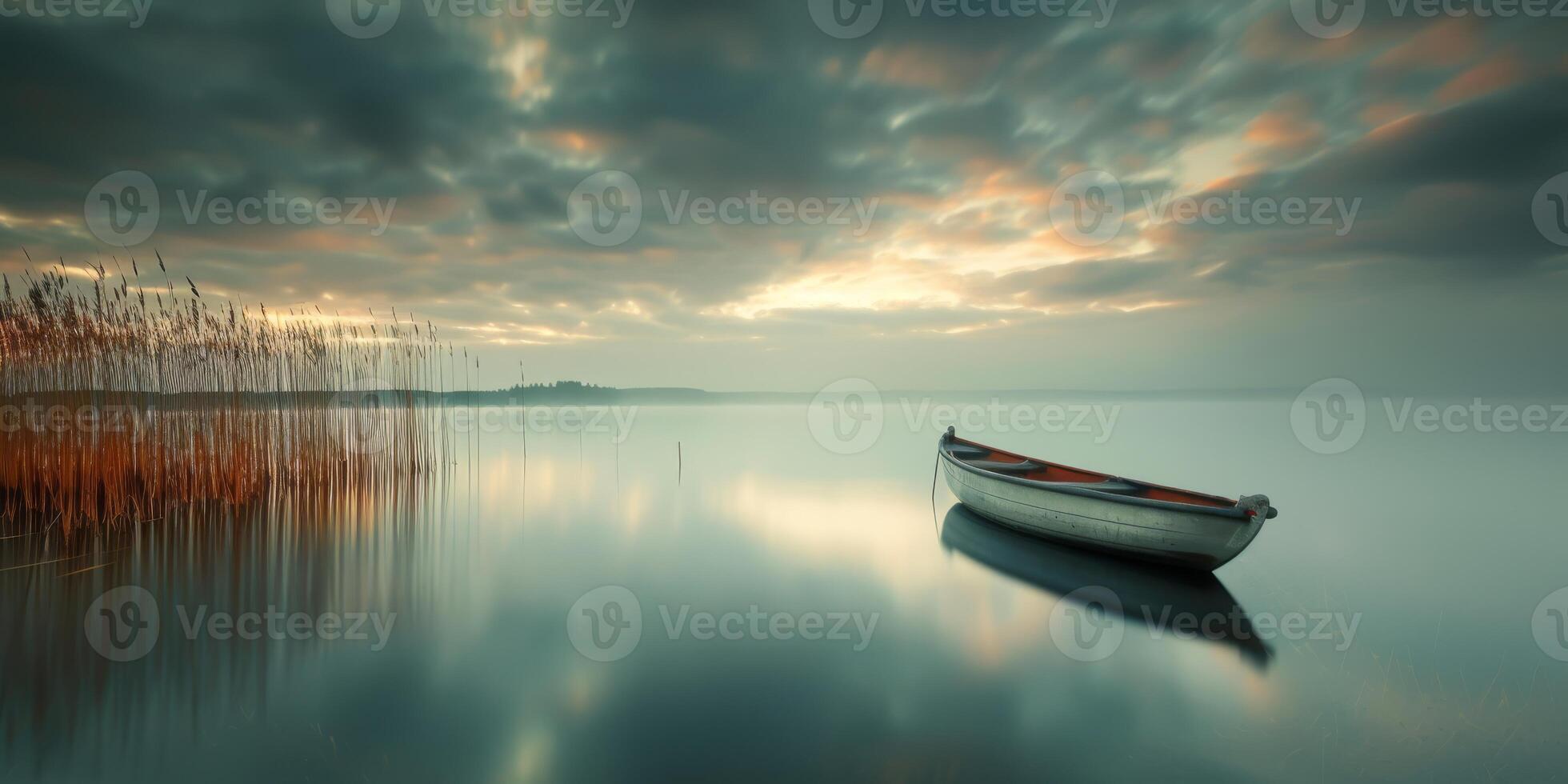 A quiet rowboat peacefully glides on tranquil water under dramatic skies at dawn, mirroring serene landscapes photo