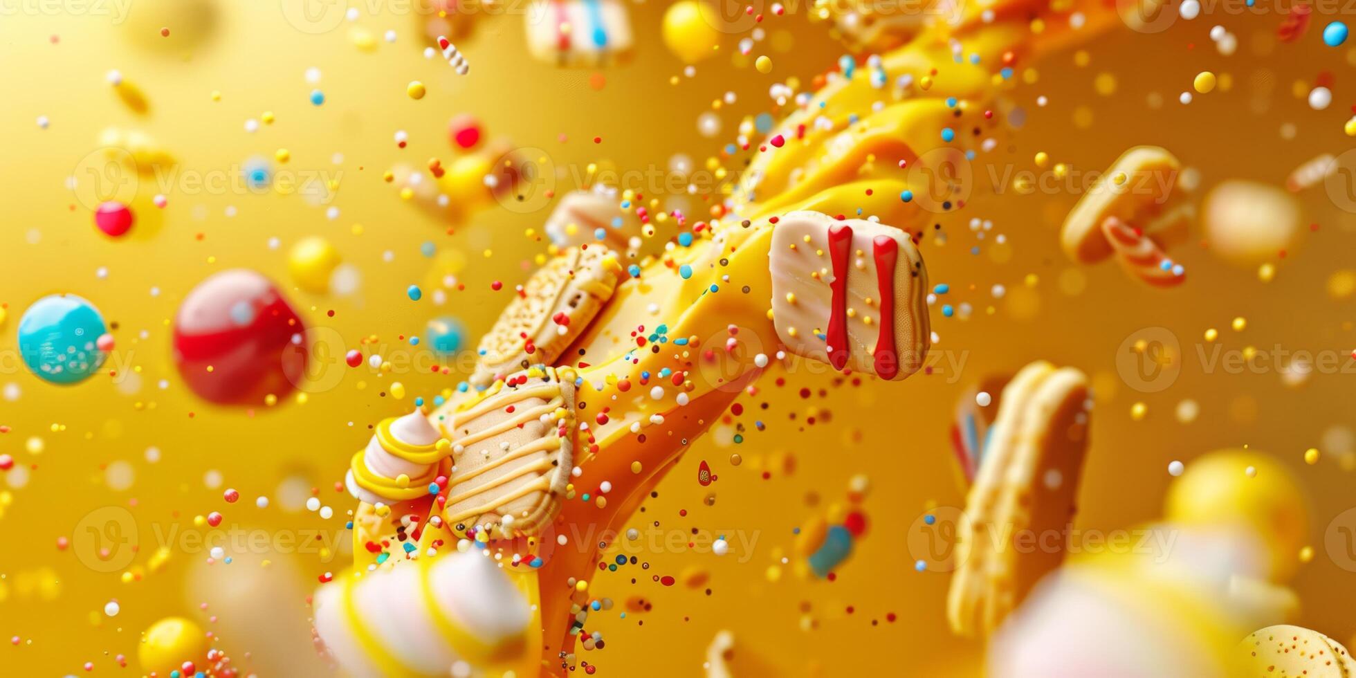Dazzling display of colorful candies and desserts against a vibrant yellow backdrop, captured mid-air. photo