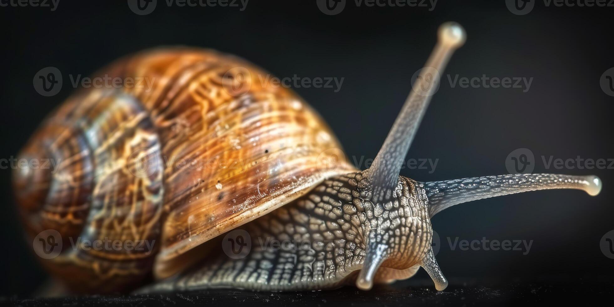 Closeup of a garden snail with intricate shell patterns and facial features, highlighting natures design photo