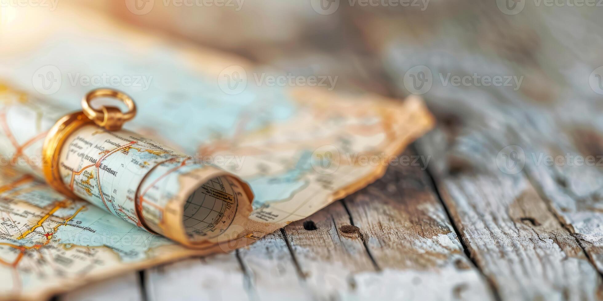 Close-up of an old map rolled up and a compass on a rustic wooden surface, conveying adventure and exploration. photo