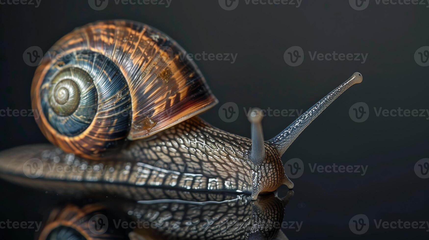 Detailed shot of a snail showcasing its vibrant shell and intricate textures against a dark background. photo