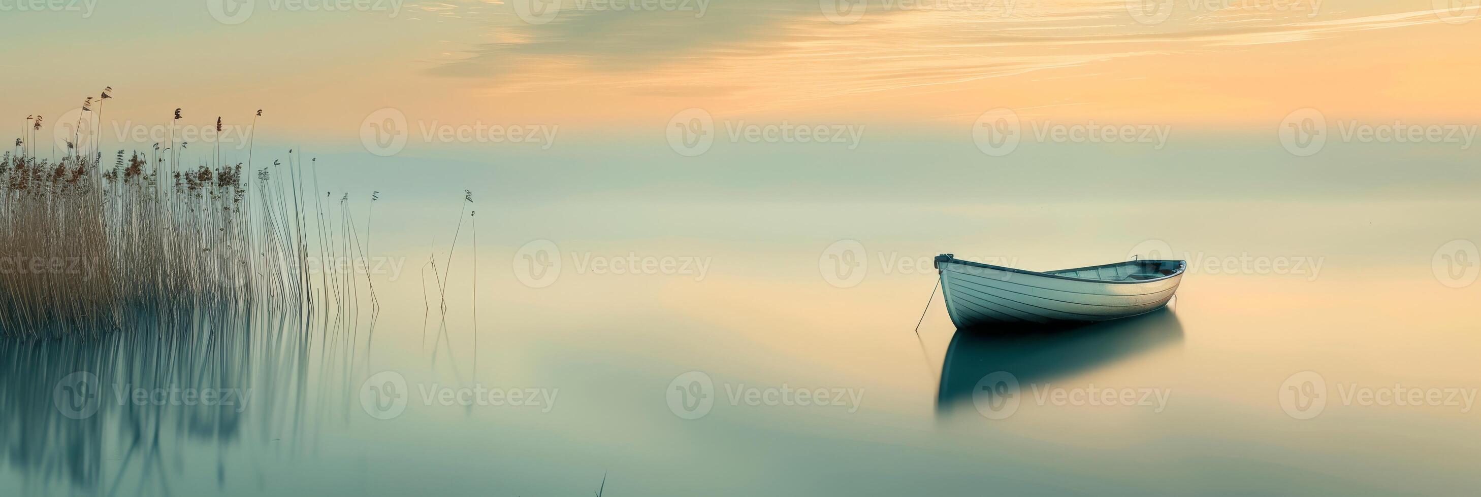 A peaceful scene with a white boat on calm water at sunrise, with reeds on the left, exuding tranquility. photo
