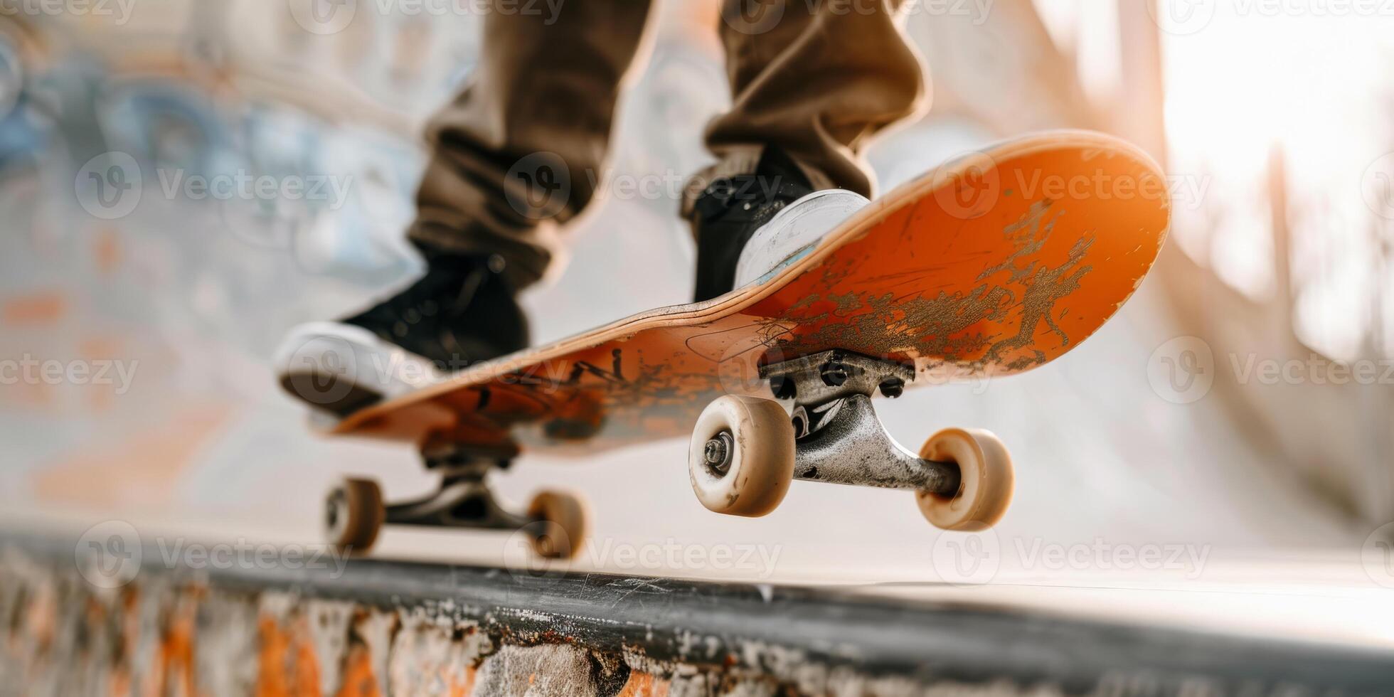 Closeup of skateboarders skilled feet doing a trick on skate park ramp at sunset, showing action and thrill photo