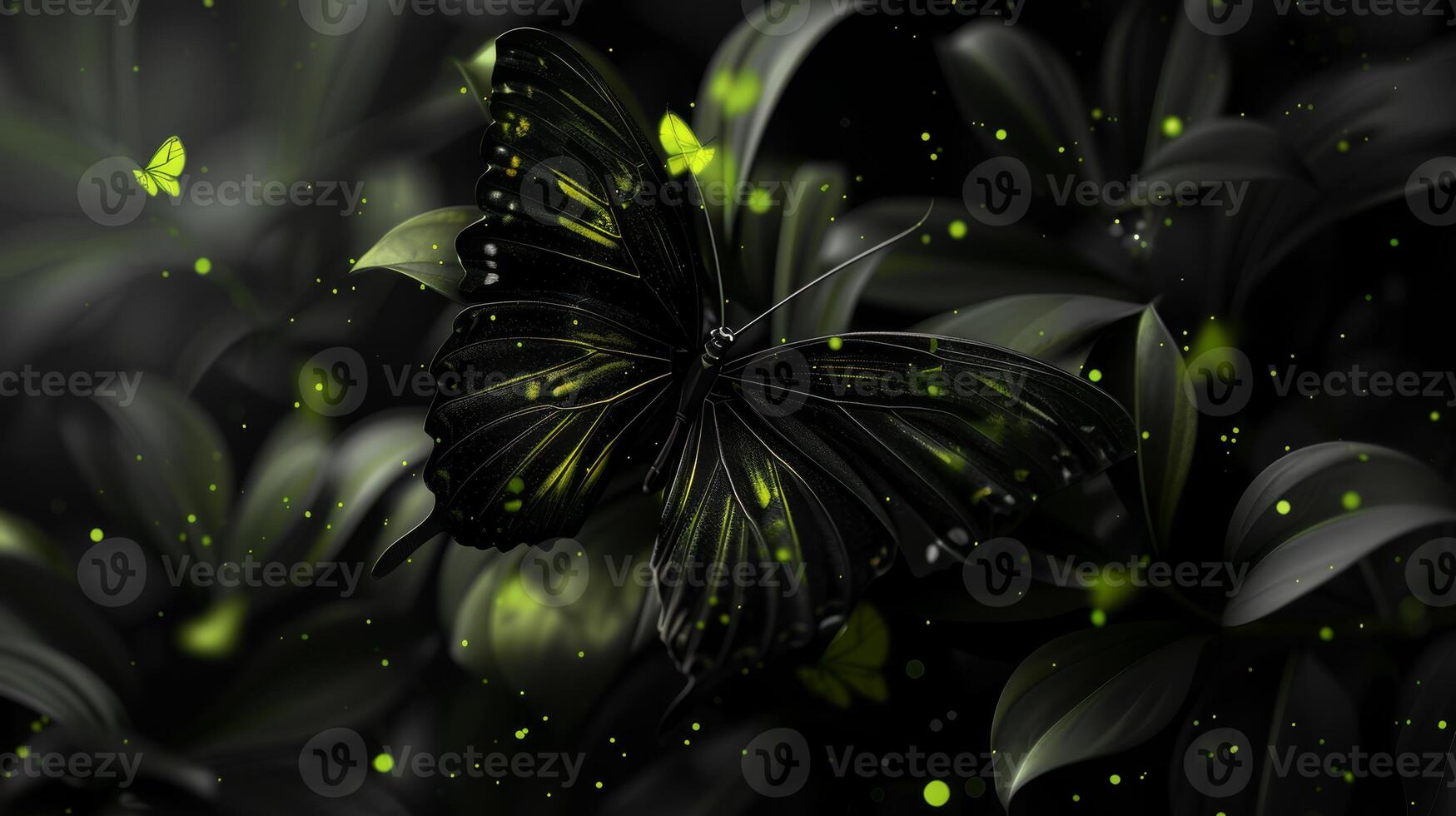 In an enchanting forest, a black butterfly with green accents flutters, enchanting the atmosphere with mystique photo