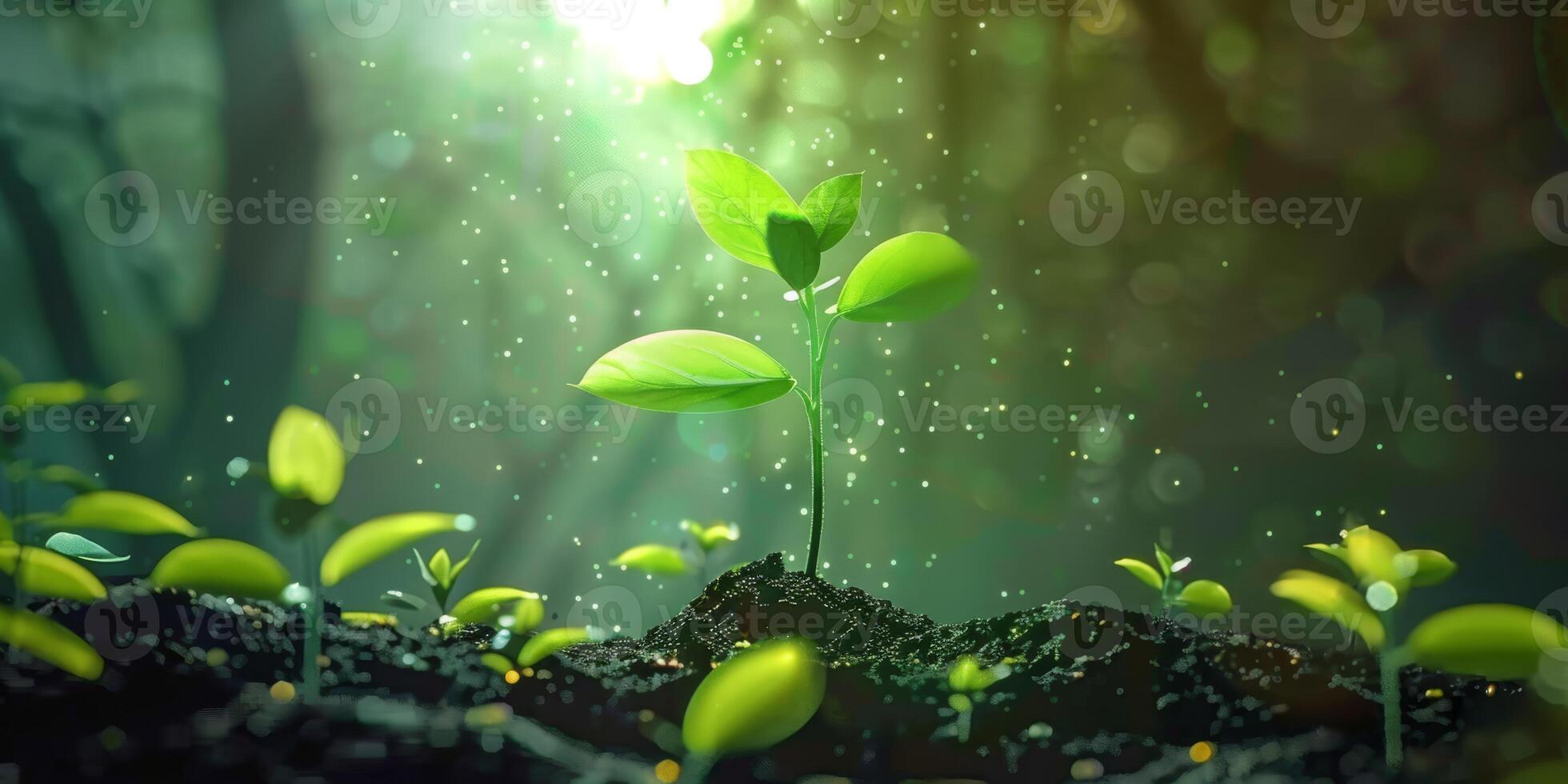 A vibrant young seedling sprouting in a lush forest under the early morning sunlight, symbolizing growth. photo