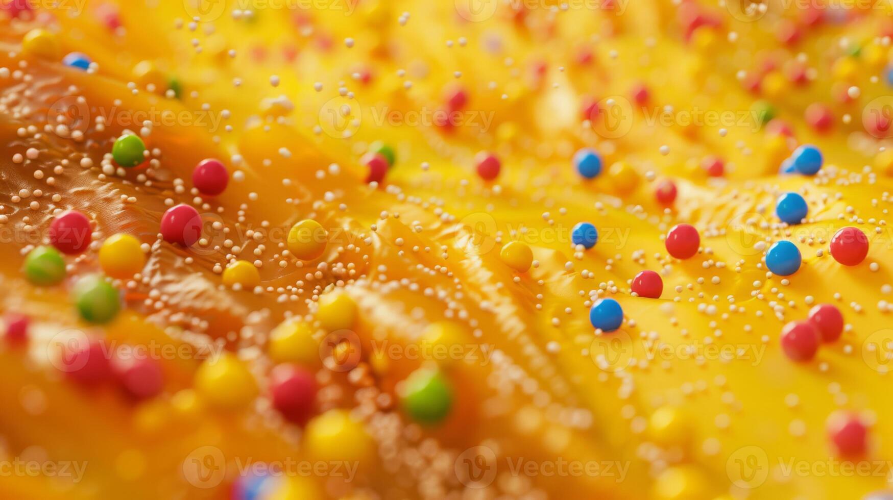 Close-up view of colorful candy sprinkles on caramel surface. A vibrant and delicious dessert scene. photo