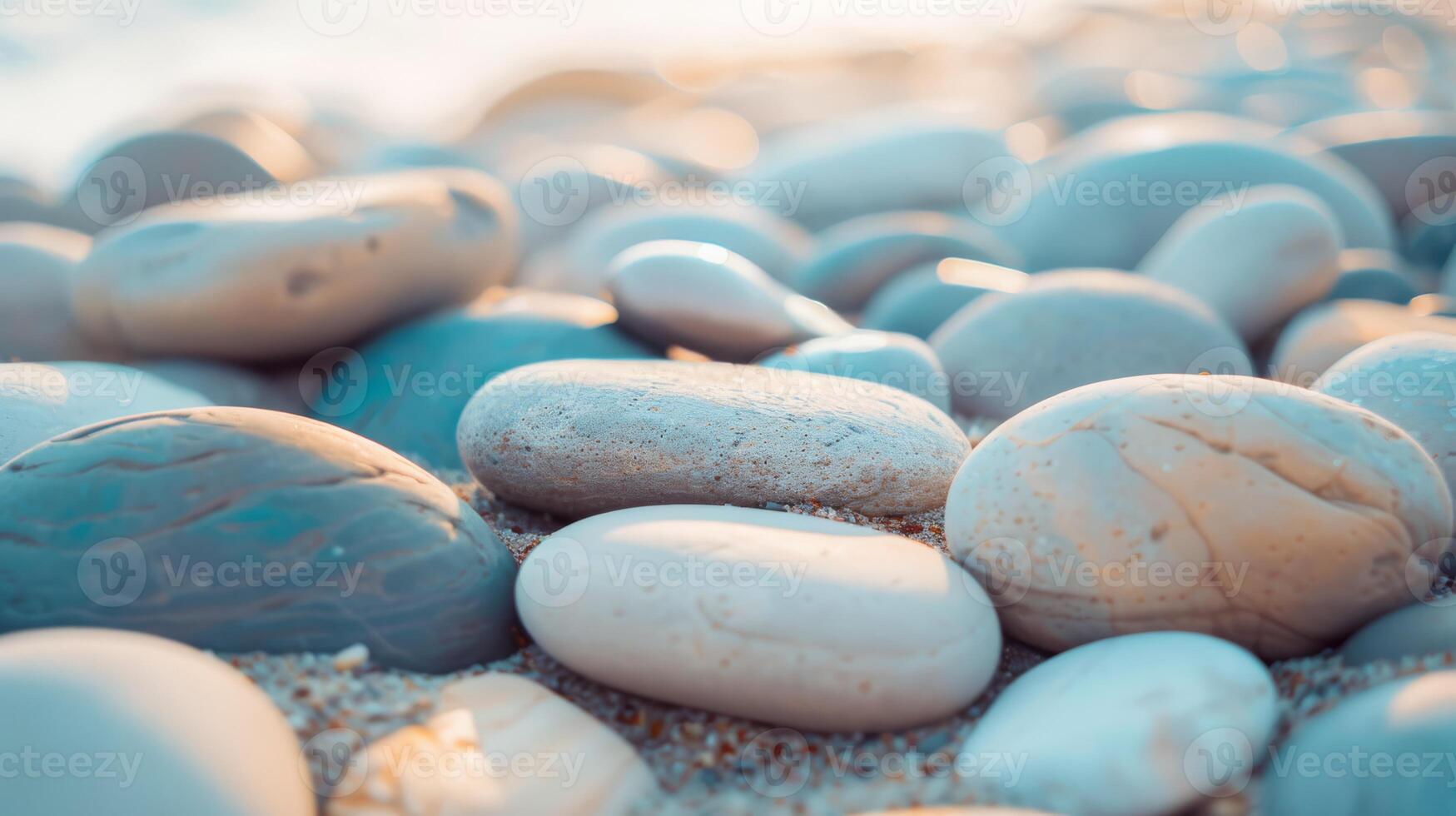 A serene coastal scene with smooth sunlit pebbles on a sandy beach evoking a sense of tranquility and relaxation photo