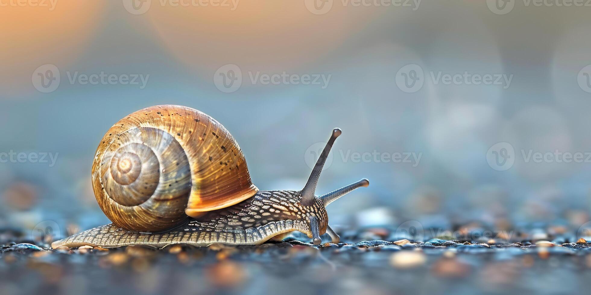Focus on a snail moving slowly on a wet surface with a blurred background, showing natures tiny creatures photo