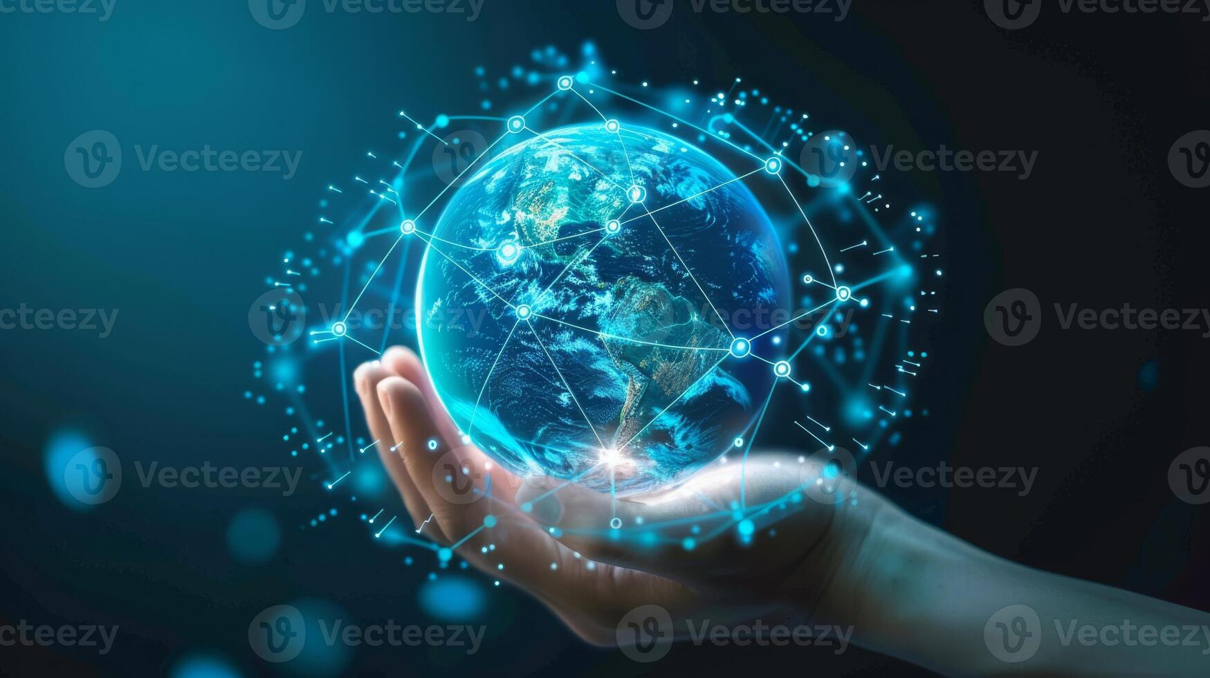 Hand holding a digital glowing globe with interconnected lines and nodes representing global connectivity. photo
