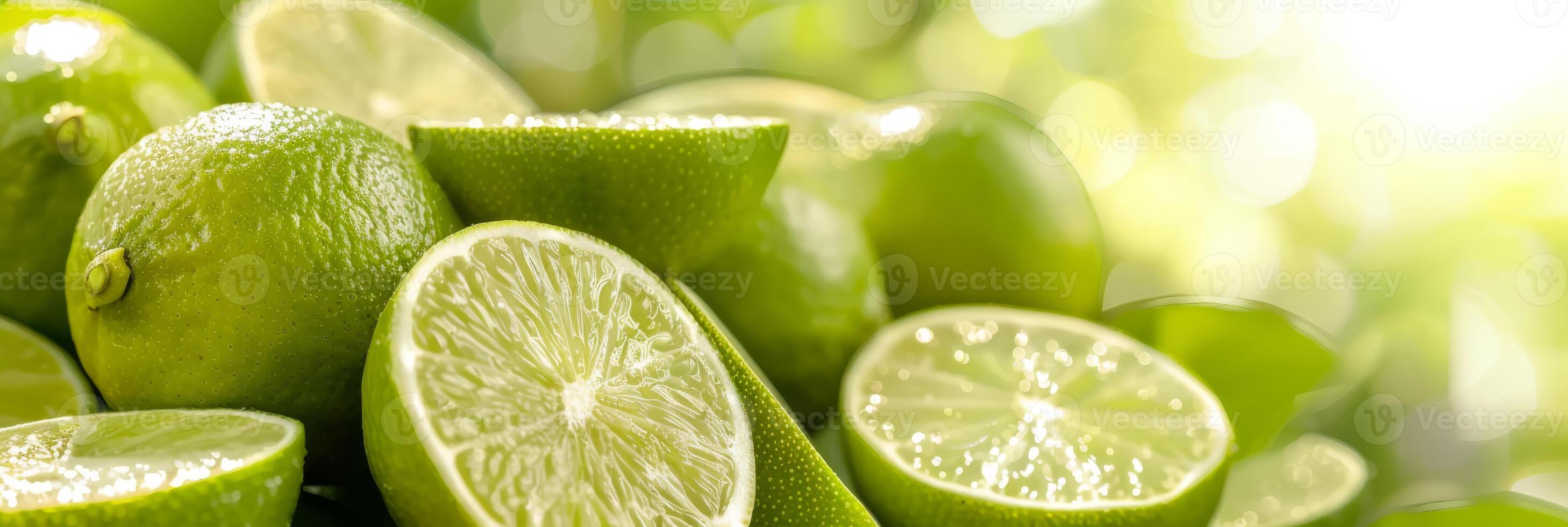 Juicy green limes with slices and leaves, captured in bright natural sunlight. Perfect for food and drink. photo