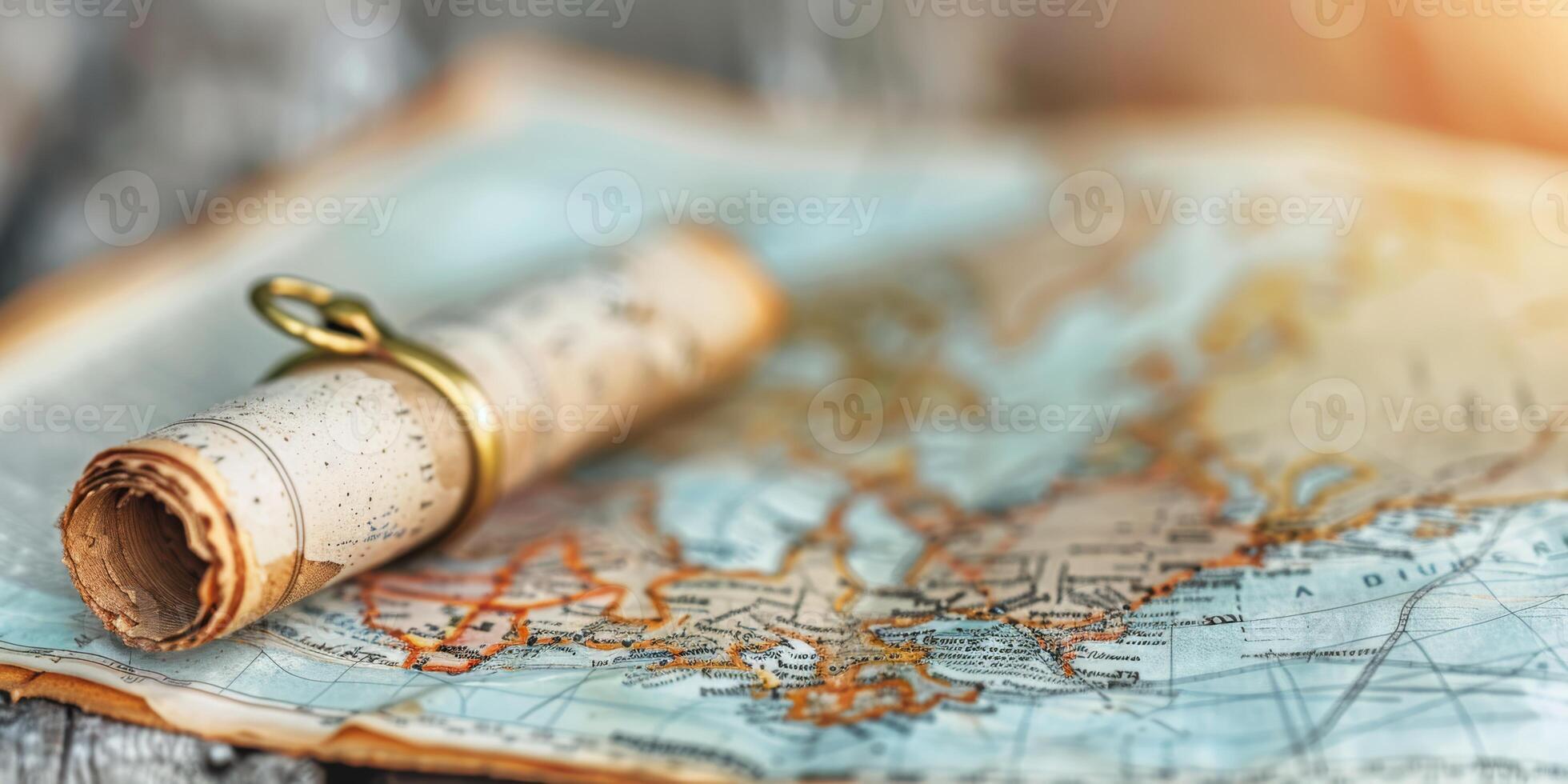 A vintage map with a scroll and a ring evokes exploration, sparking wanderlust and curiosity for historic adventures photo