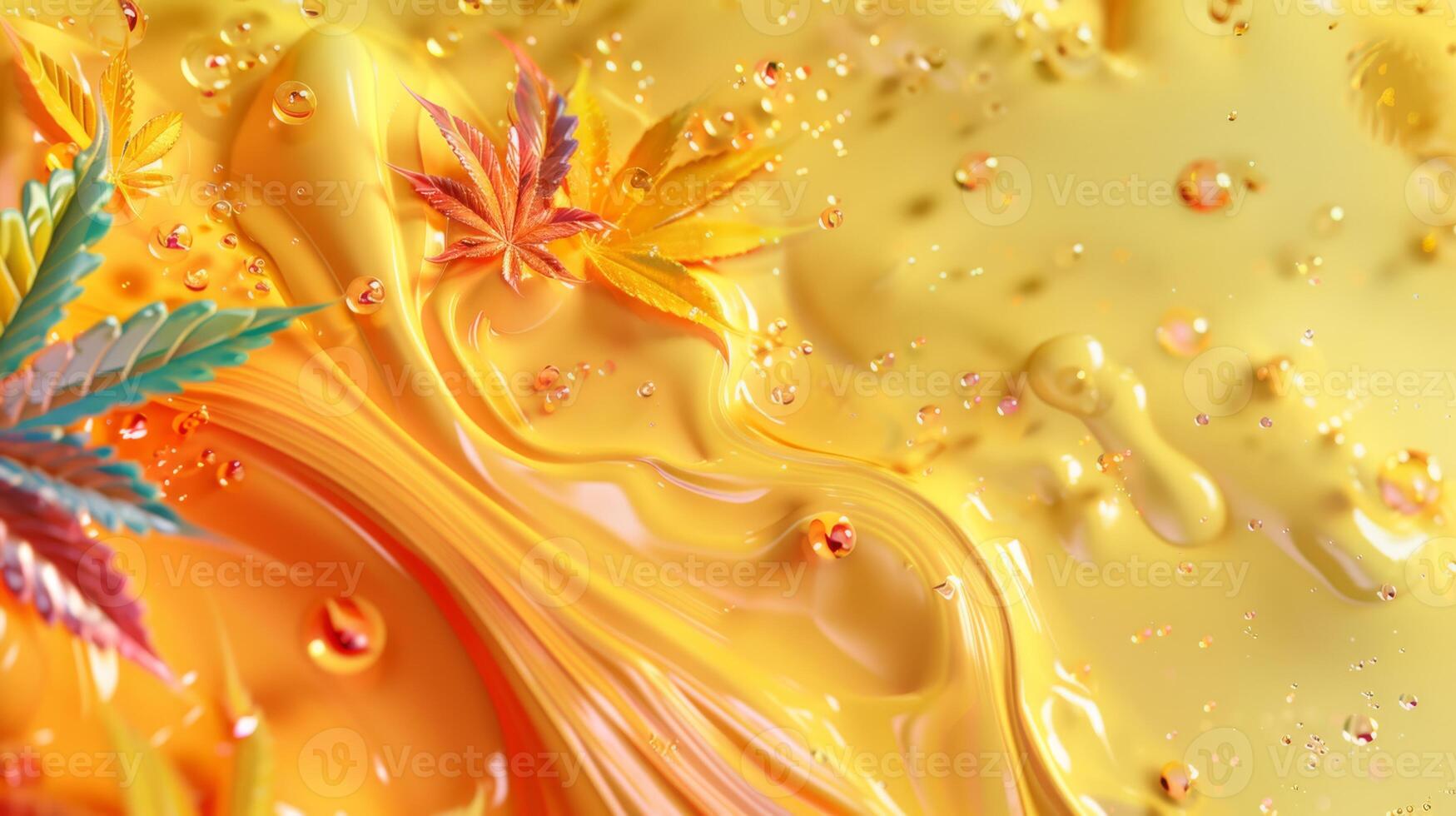 A visually striking composition of vibrant abstract art featuring colorful leaves against a yellow backdrop photo