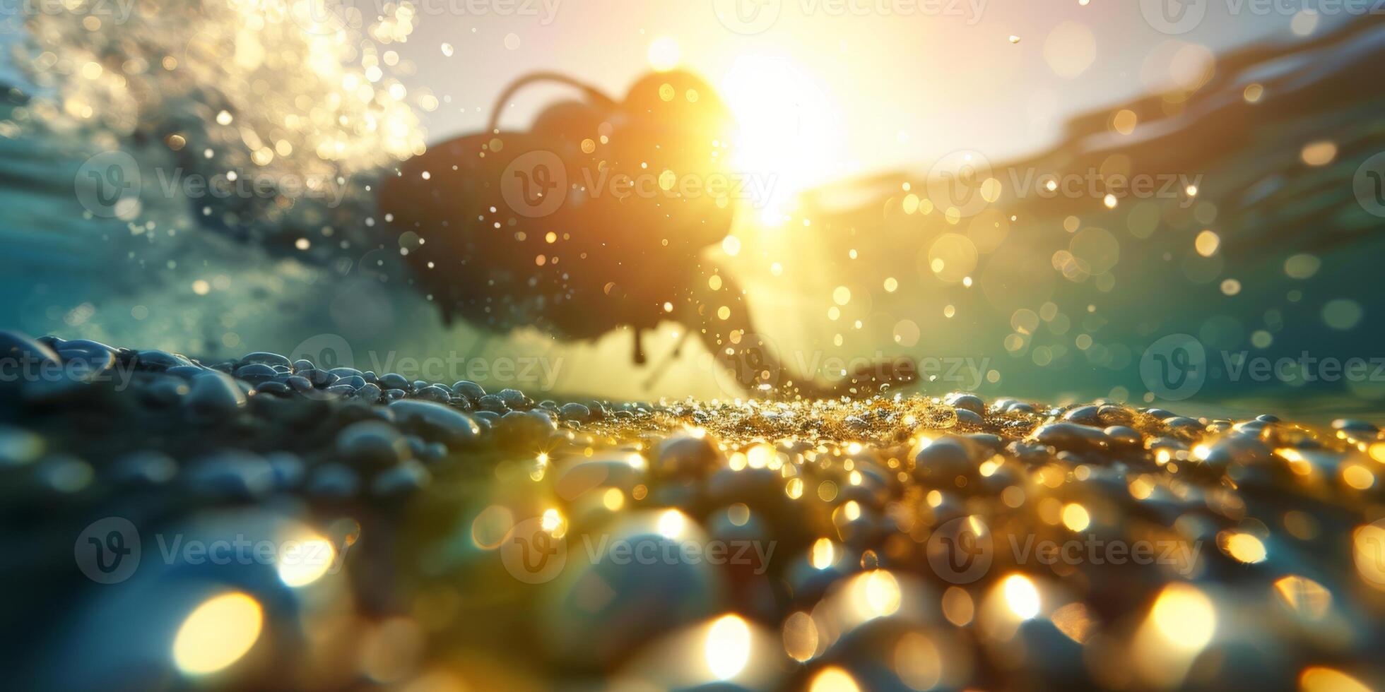 Underwater diver swims over sunlit pebbles in the ocean. Evening light and bubbles add a magical touch photo