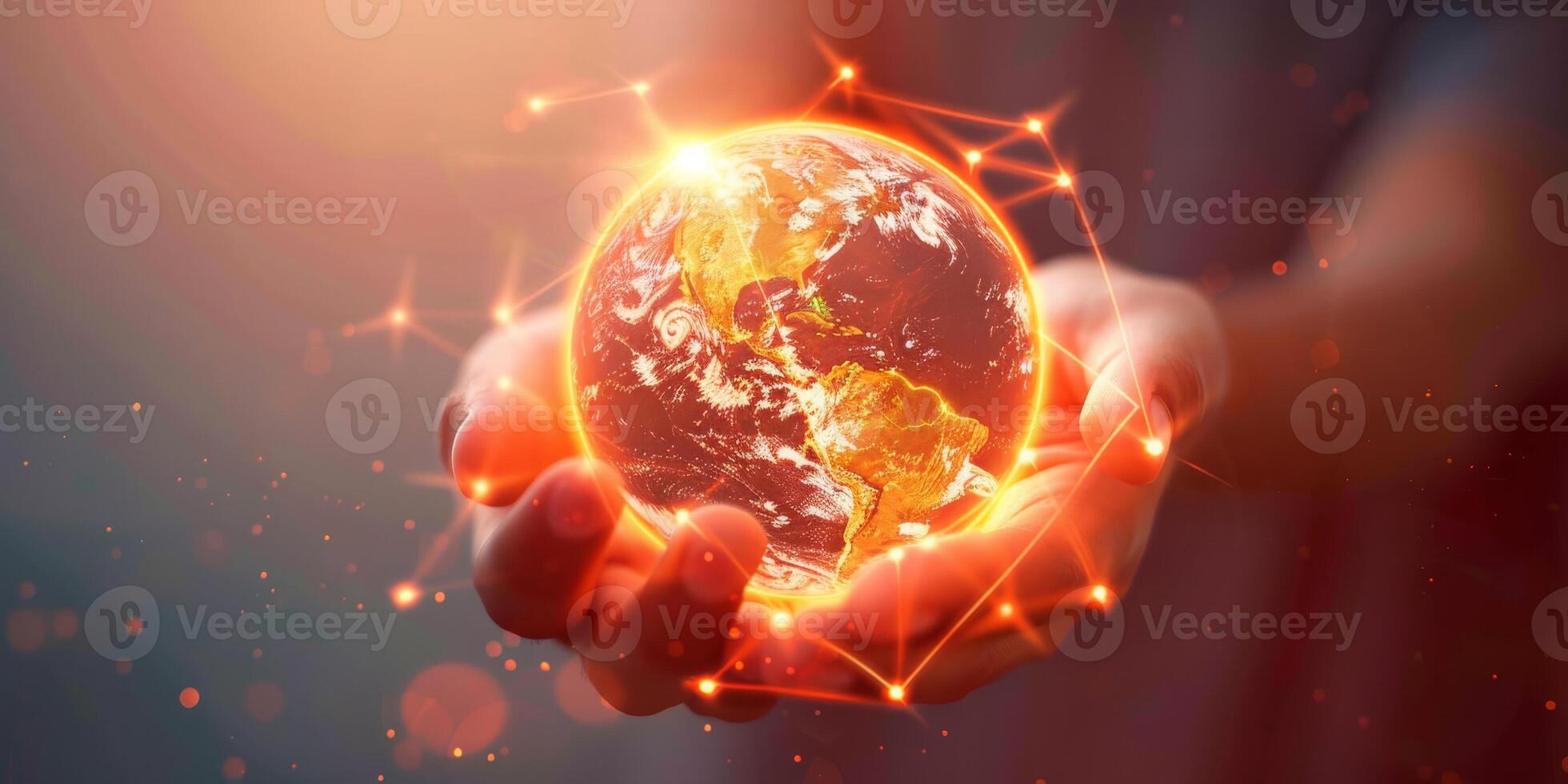 Close-up of hands holding a glowing, digitally connected Earth, symbolizing global connectivity and unity. photo