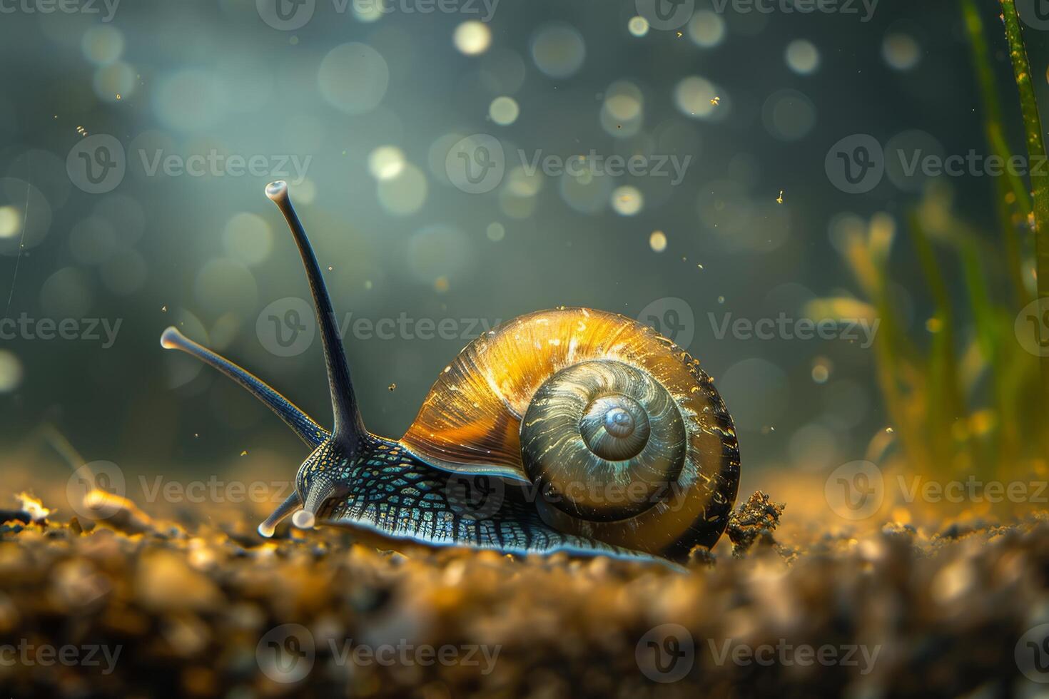 A colorful snail is captured in detailed macro photography against dewcovered soil, showcasing the beauty of nature photo