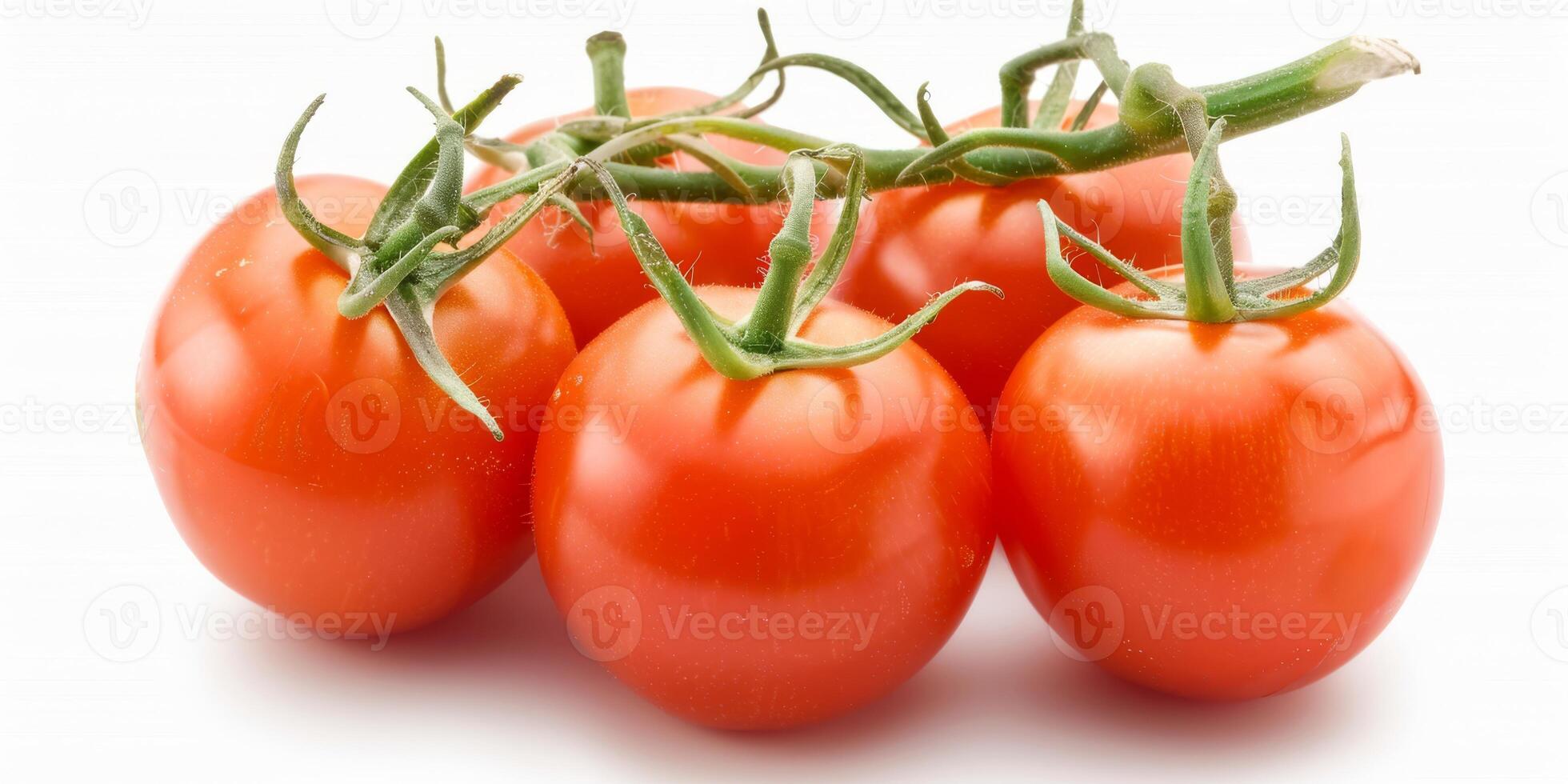 Highquality image of fresh red tomatoes on the vine against a white backdrop, showcasing vibrant colors and freshness photo
