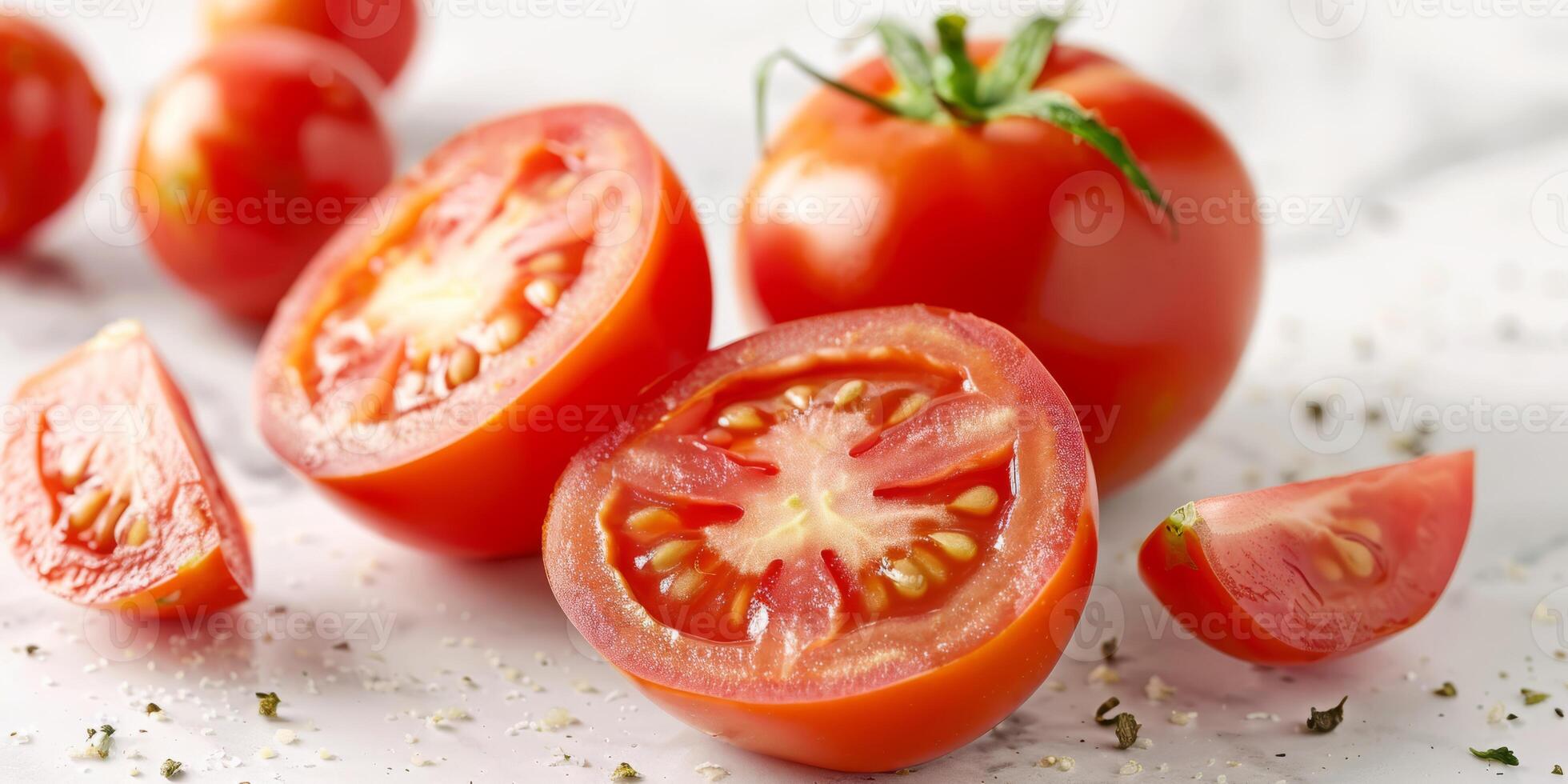Close-up of fresh, juicy tomatoes on a marble surface, featuring whole, halved, and quartered pieces. photo
