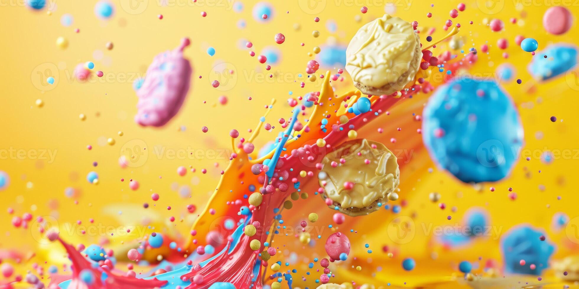 Vibrant abstract image showcasing a dynamic paint splash with sprinkles and splatters in bright colors. photo