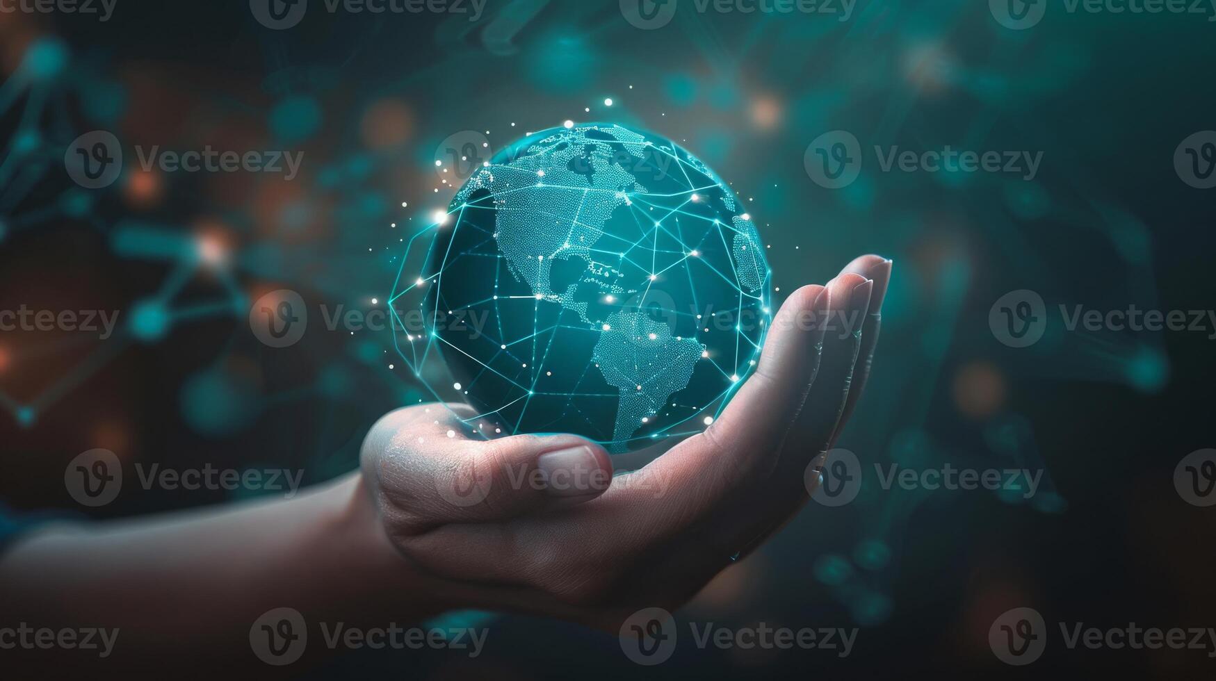 Digital globe symbolizing global connectivity held by a hand, illustrating the concept of a connected world photo