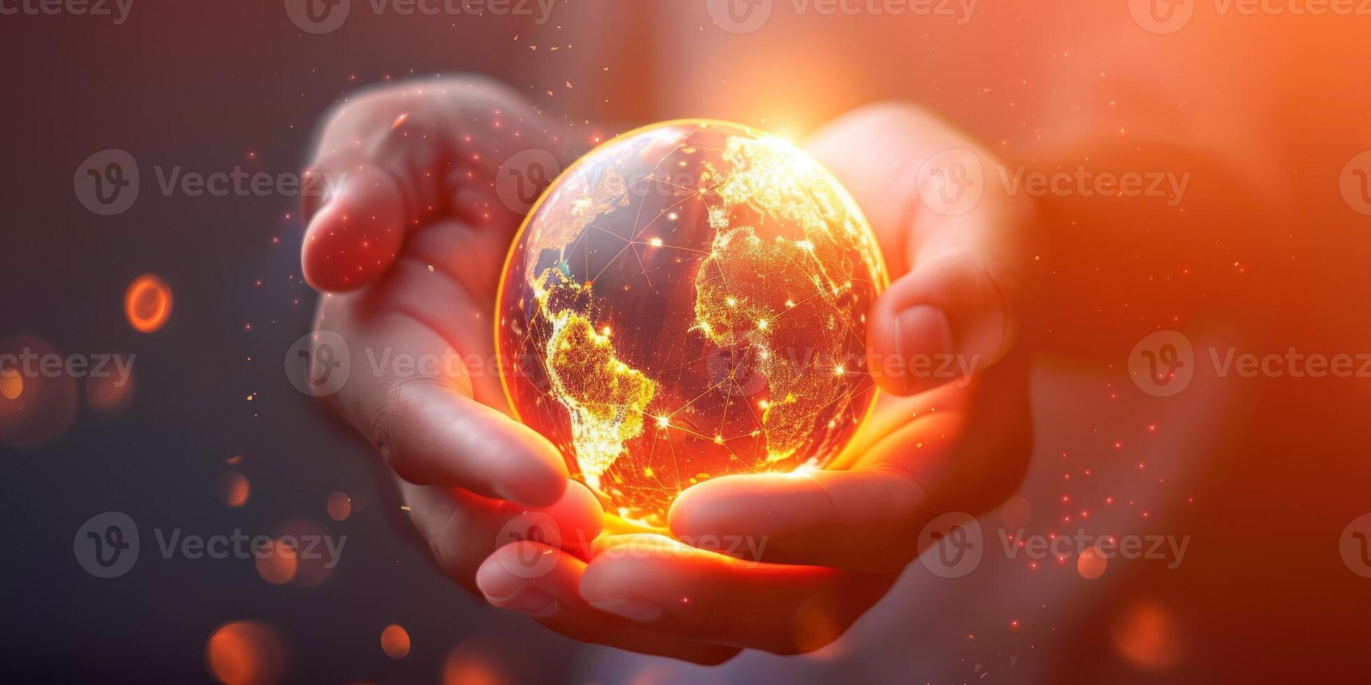 Symbolic representation of Earth held in hands with glowing energy, highlighting environmental themes. photo