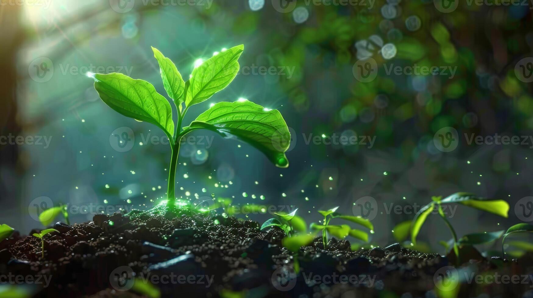 Close-up of a vibrant young plant in soil, illuminated by sunlight with water droplets sparkling around. photo