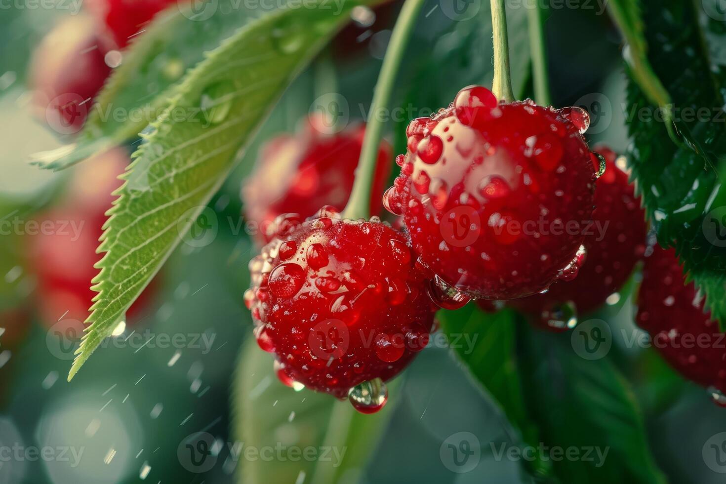 Close-up of rain-drenched red cherries on rustic tree branch with lush green leaves in natural garden. photo