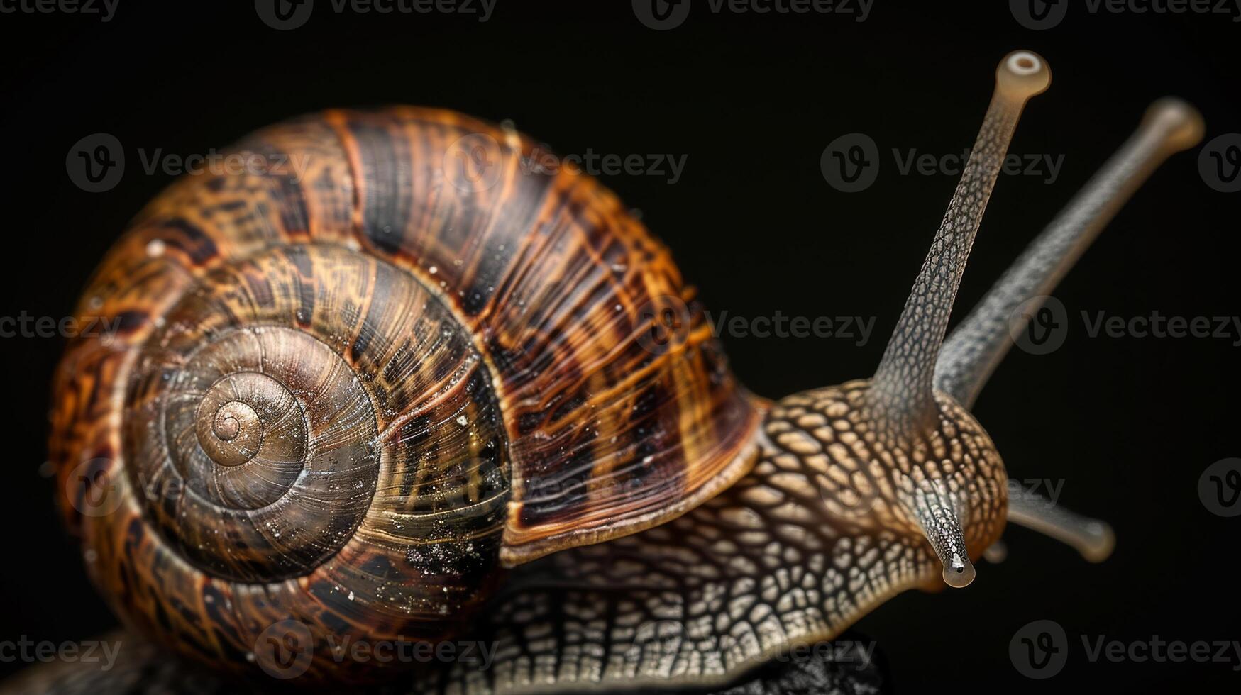 Detailed macro photograph of a snail with its shell and antennae highlighted against a dark background. photo