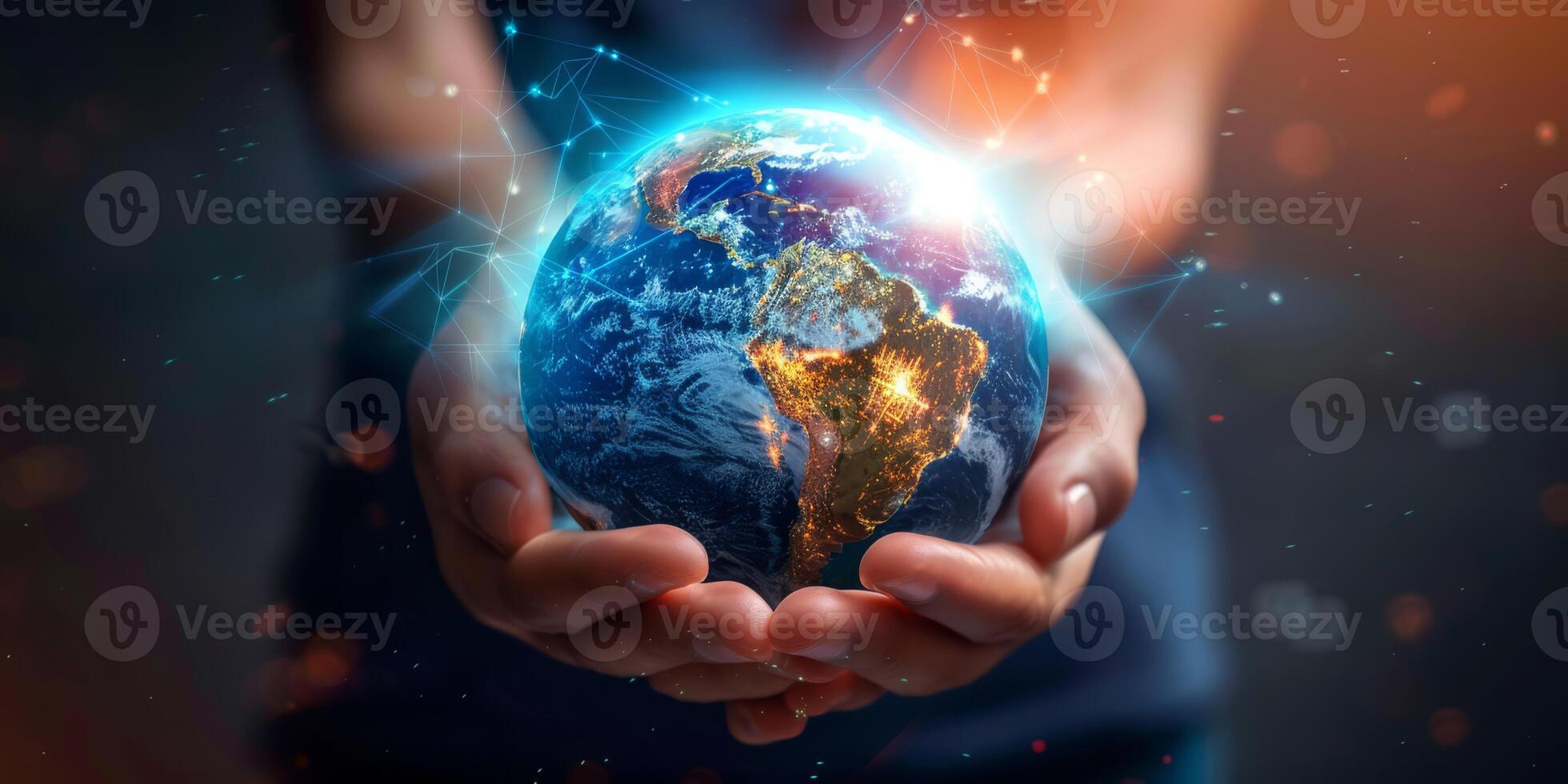The image portrays a glowing Earth cradled in hands, symbolizing environmental care and global interconnectedness photo
