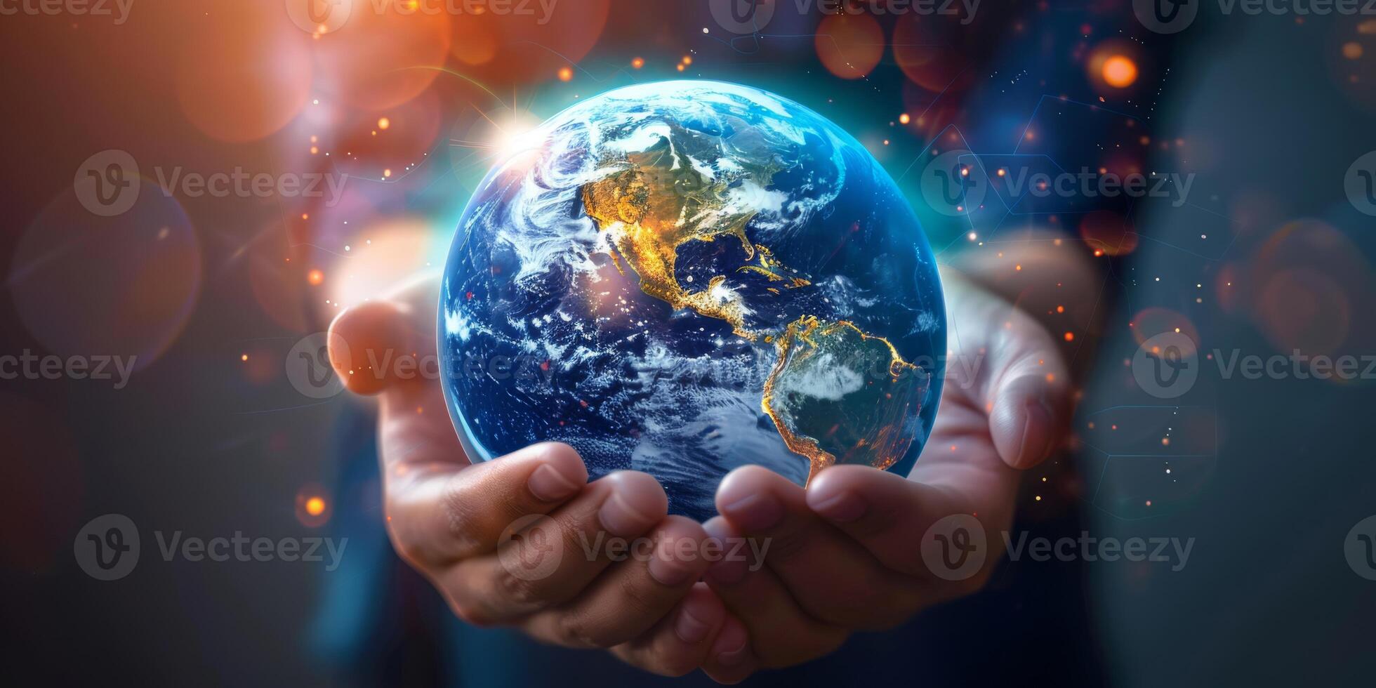 Hands cradle a radiant Earth, symbolizing global care and responsibility towards our planet and future generations photo