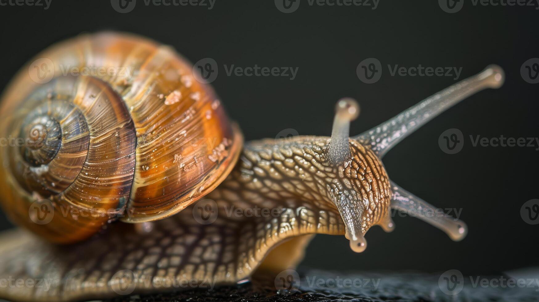 Macro photography captures a detailed image of a snail, showcasing its intricate shell and antennas photo