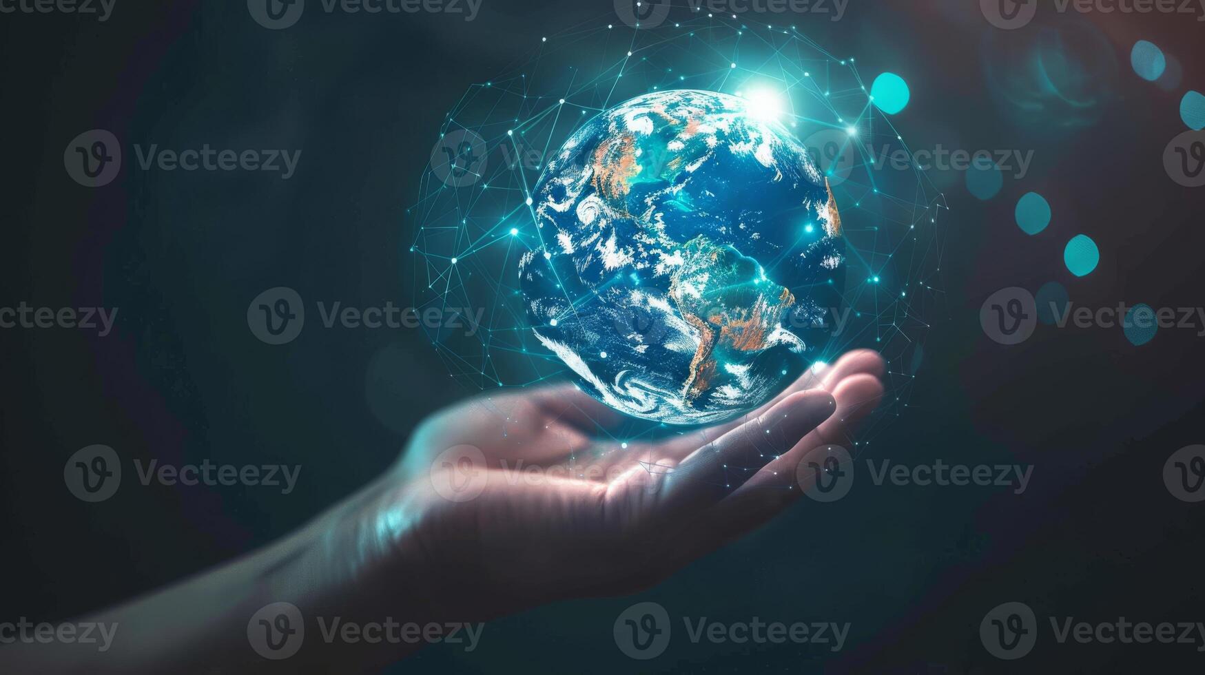 A hand holding a glowing Earth, symbolizing technology, global connection, and futuristic innovation. photo
