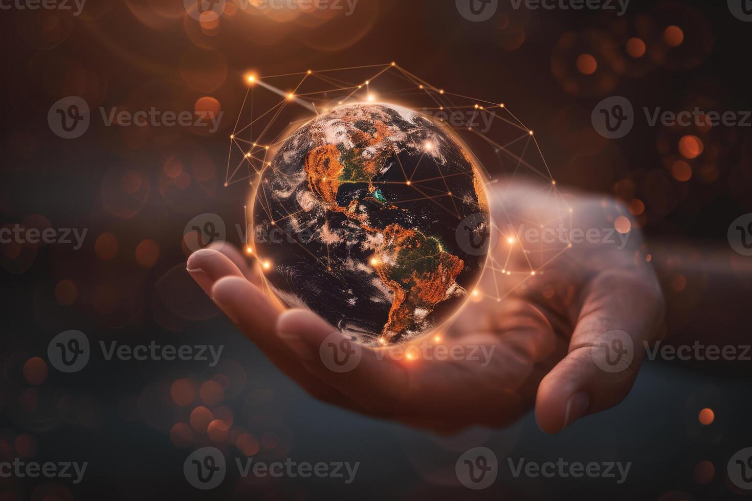 Hand with digital globe and network connections symbolizes technology and connectivity in the futuristic world photo