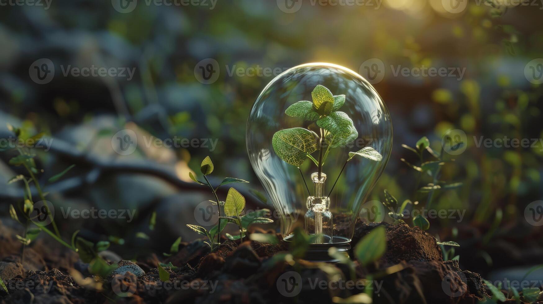 Plant sprouting in light bulb symbolizes sustainability and innovation, showcasing clean energy and ecoconsciousness photo