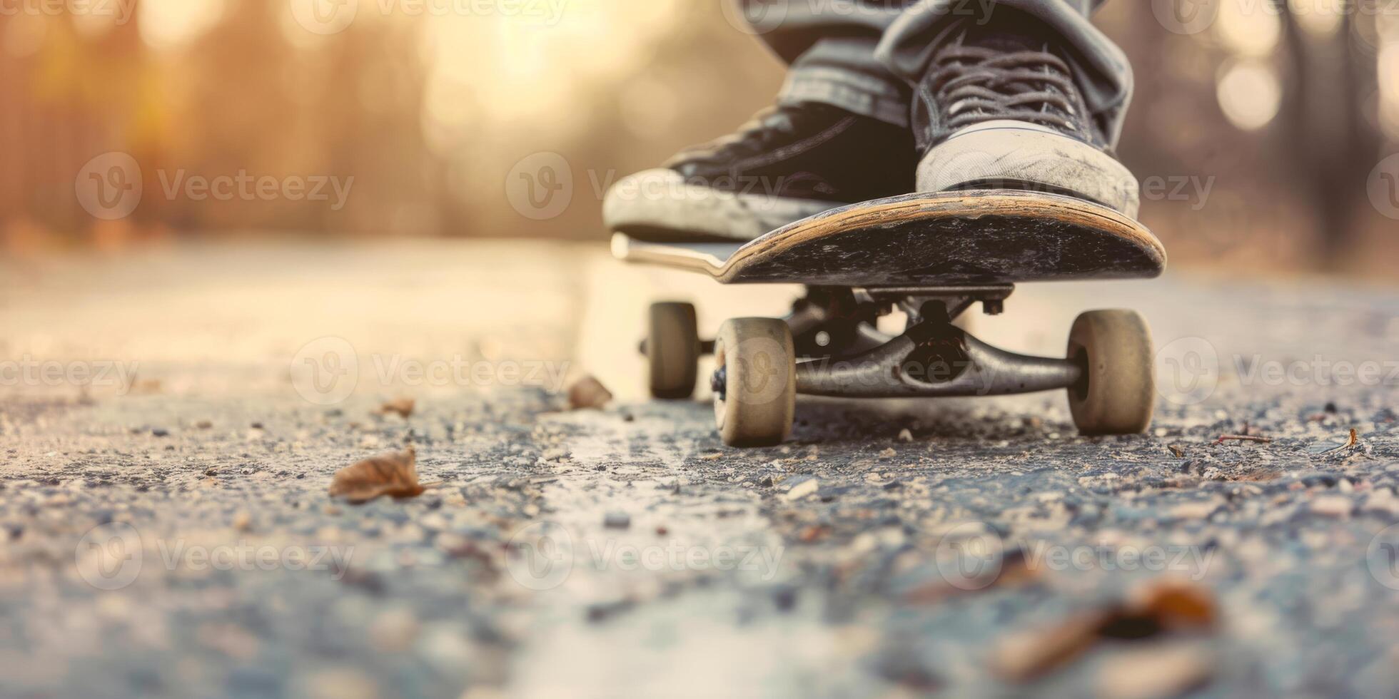 Close-up of skateboarder's feet skating on asphalt with autumn leaves, sunlight creating a warm glow. photo
