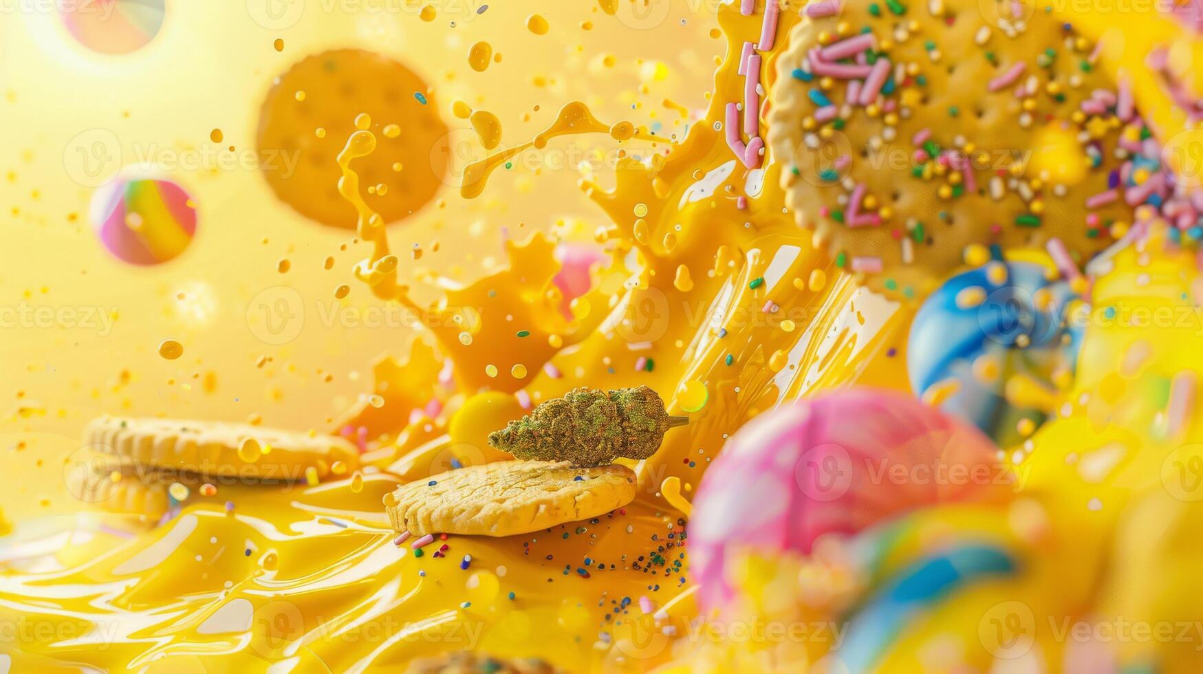 Dynamic mix of cookies, cream, candies, sprinkled with energy and joy, brings vivid delight and excitement photo