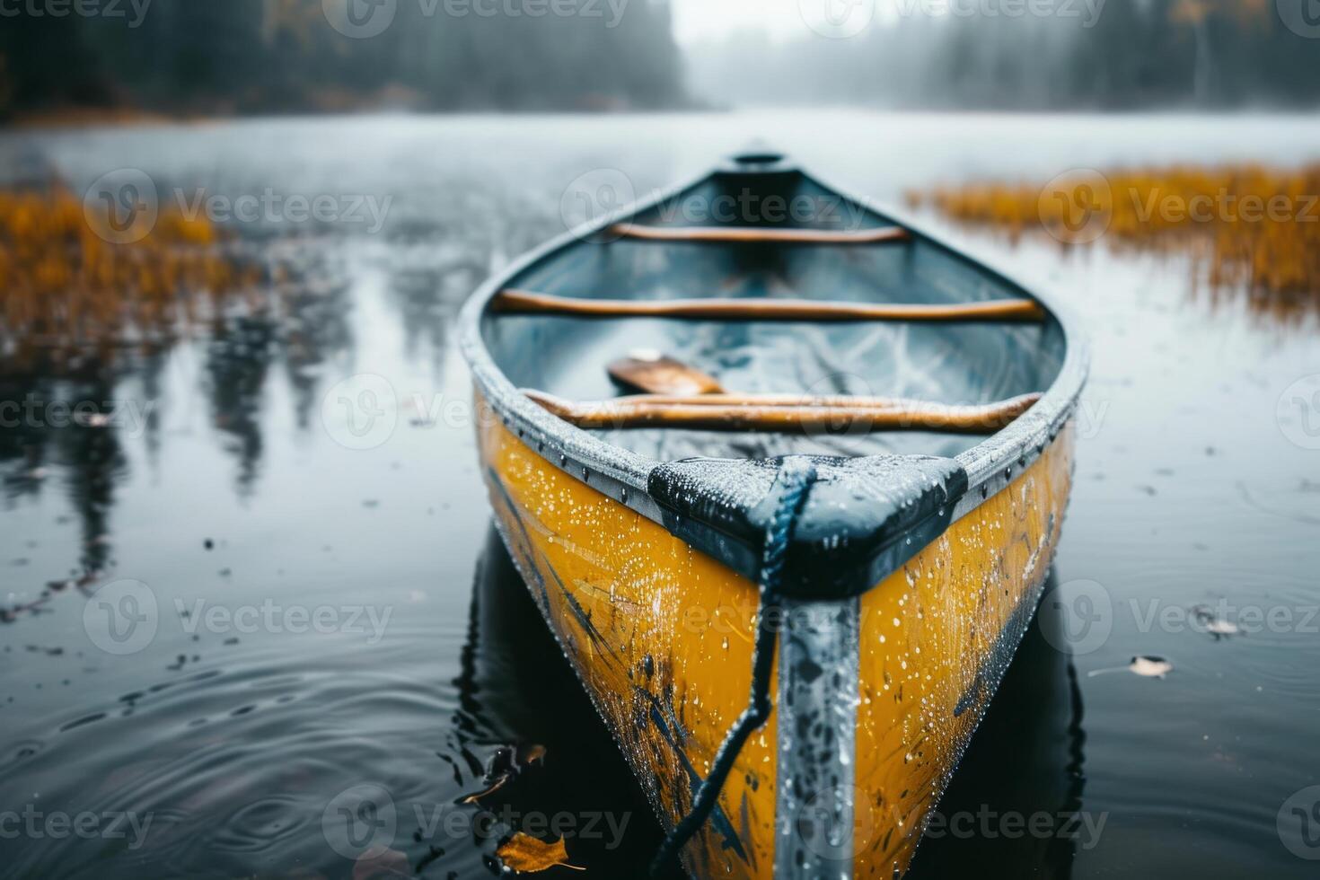 A serene image of a yellow canoe on a misty autumn lake exudes tranquility, creating a calming atmosphere photo