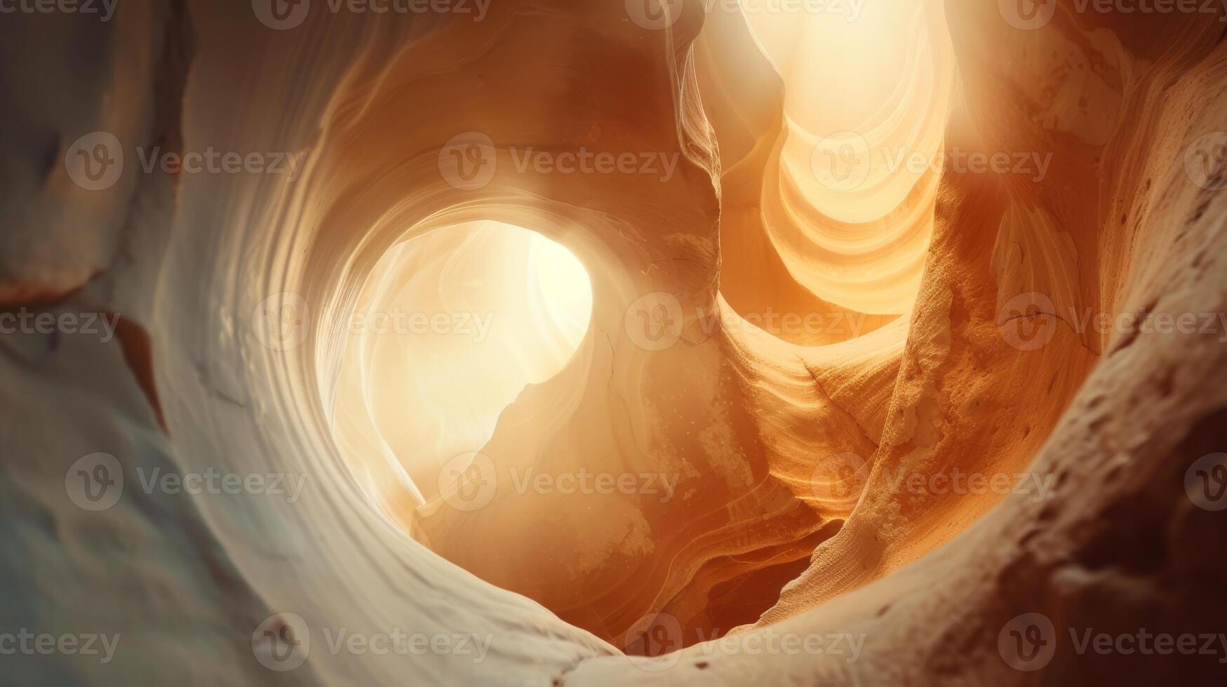 Sunlight illuminating smooth rock formations in a canyon, creating dramatic light and shadow effects. photo