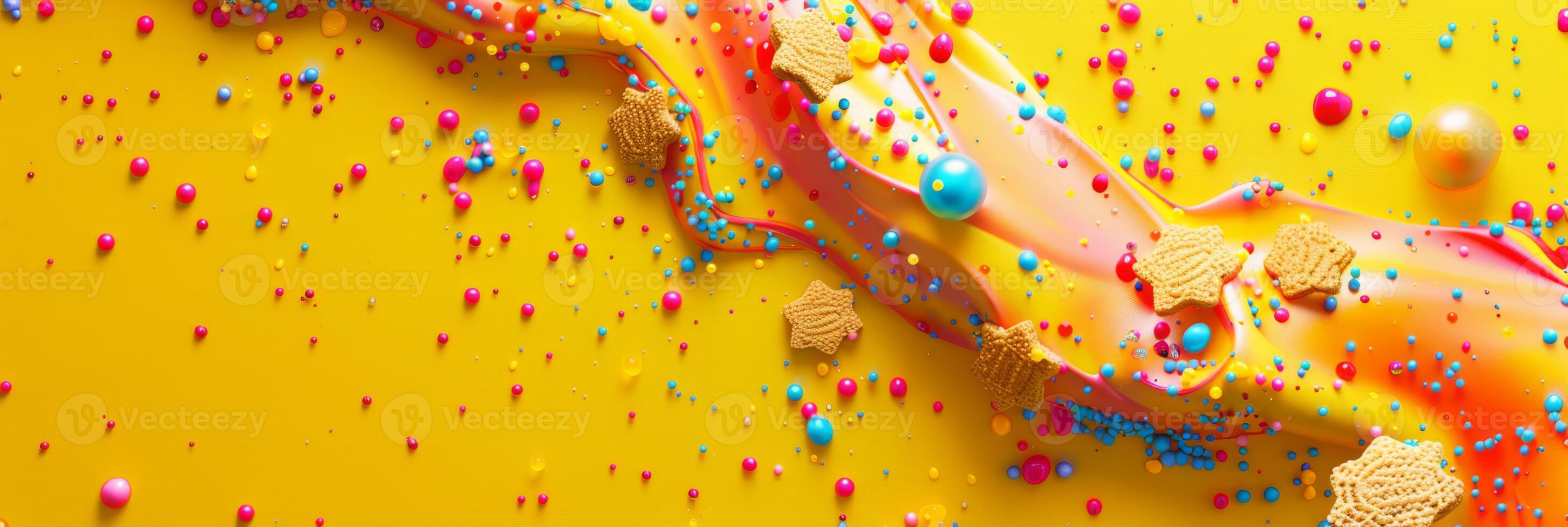 A dynamic and colorful splash with sprinkles and crumbs creating a vivid modern abstract background. photo